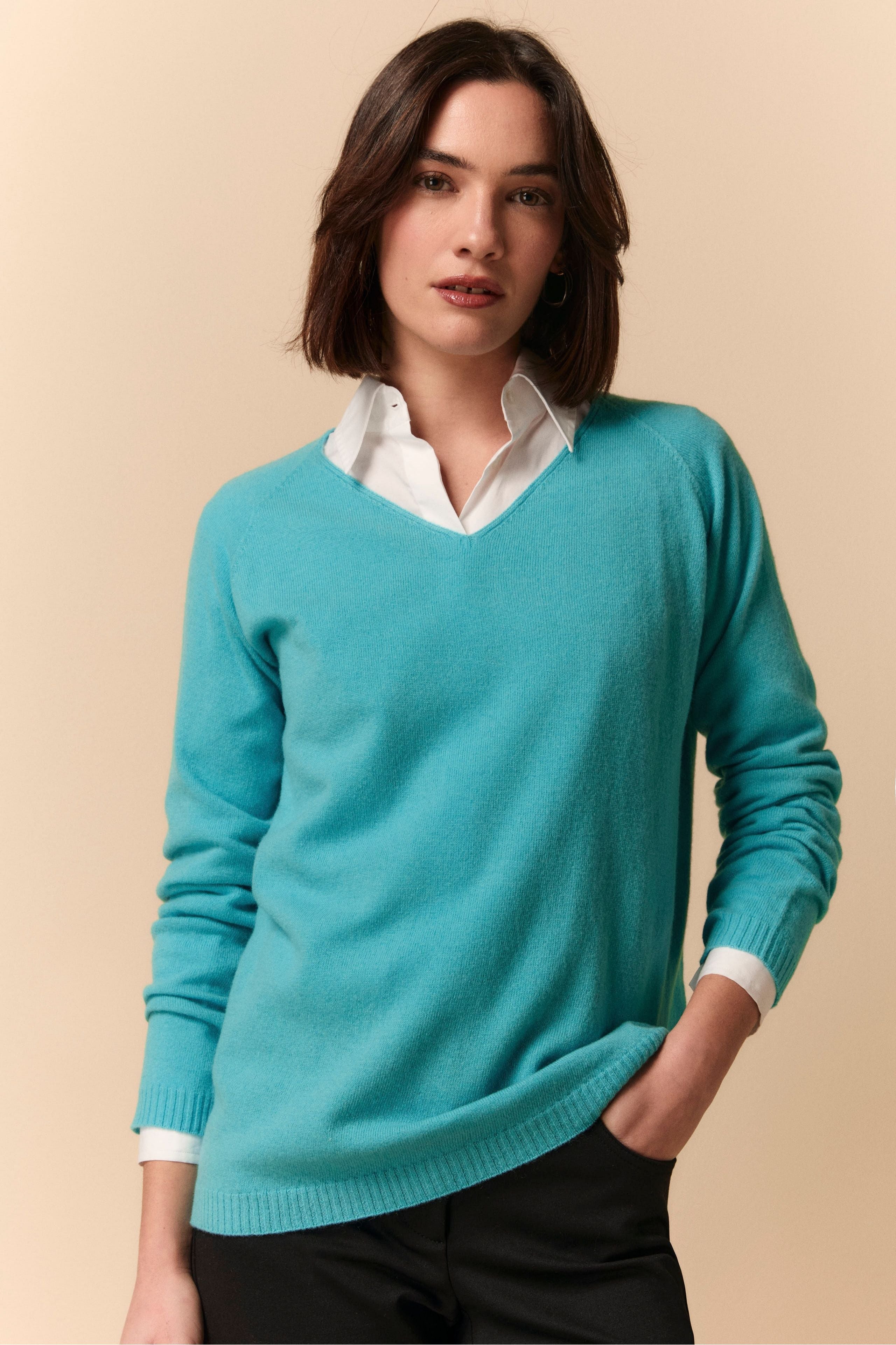 V-Ausschnitt Pullover aus Wolle und Kaschmir Aquamarin 40