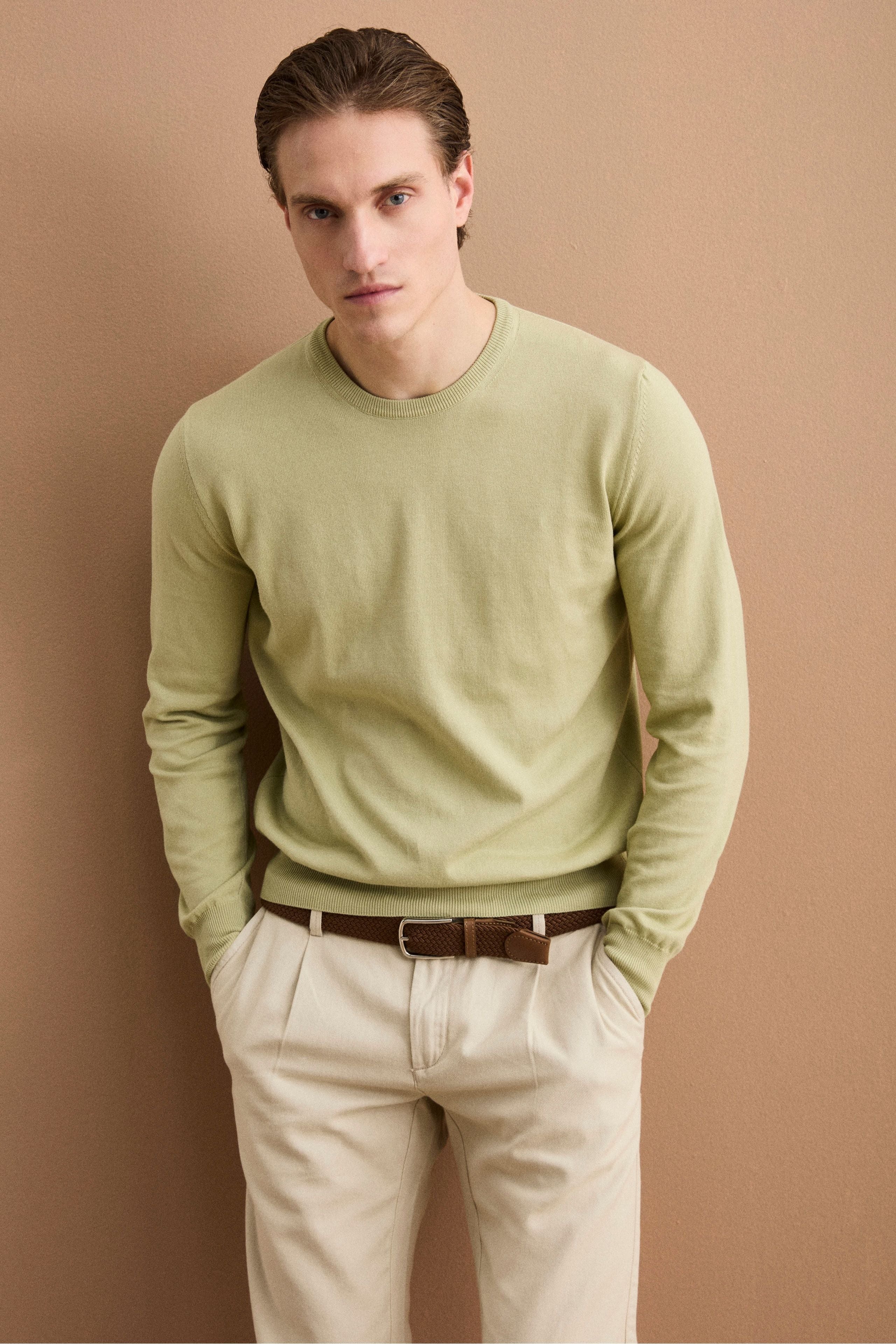 Baumwollpullover mit Rundhalsausschnitt - Salbei grün