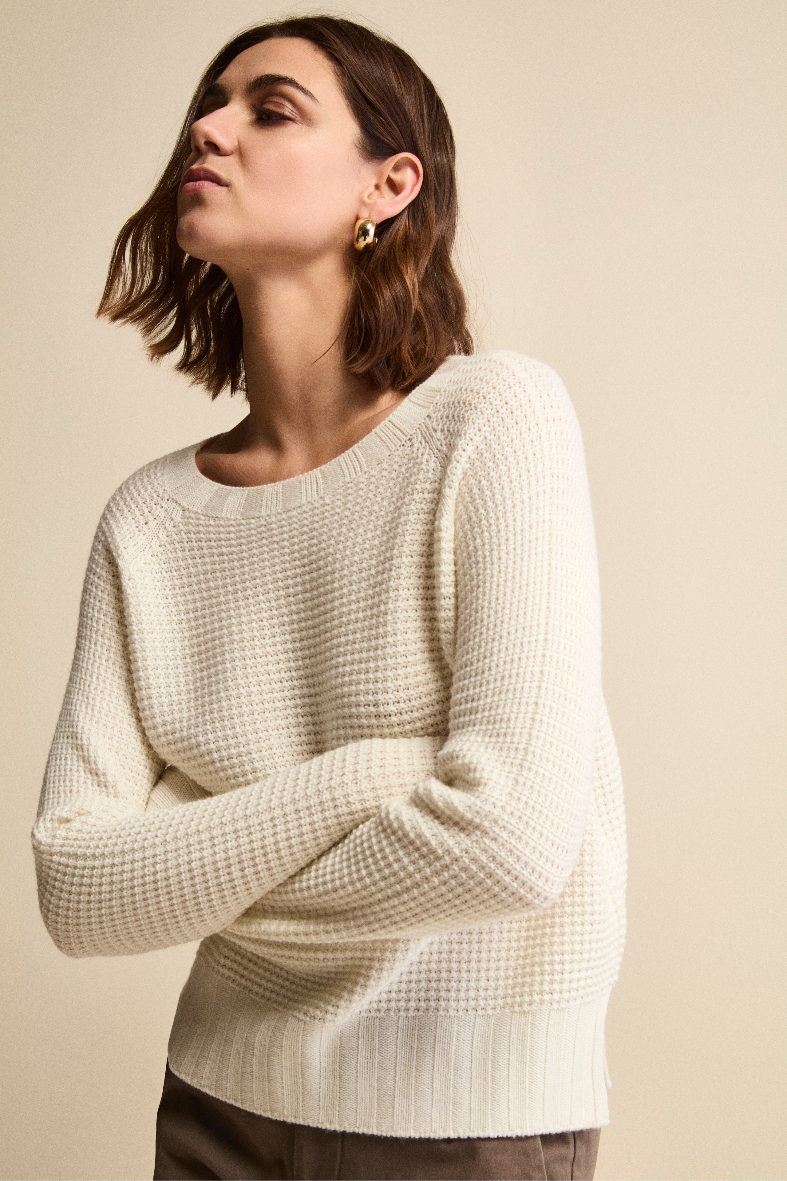 Boat-Neck Sweater in Textured Merino Wool - ECRU