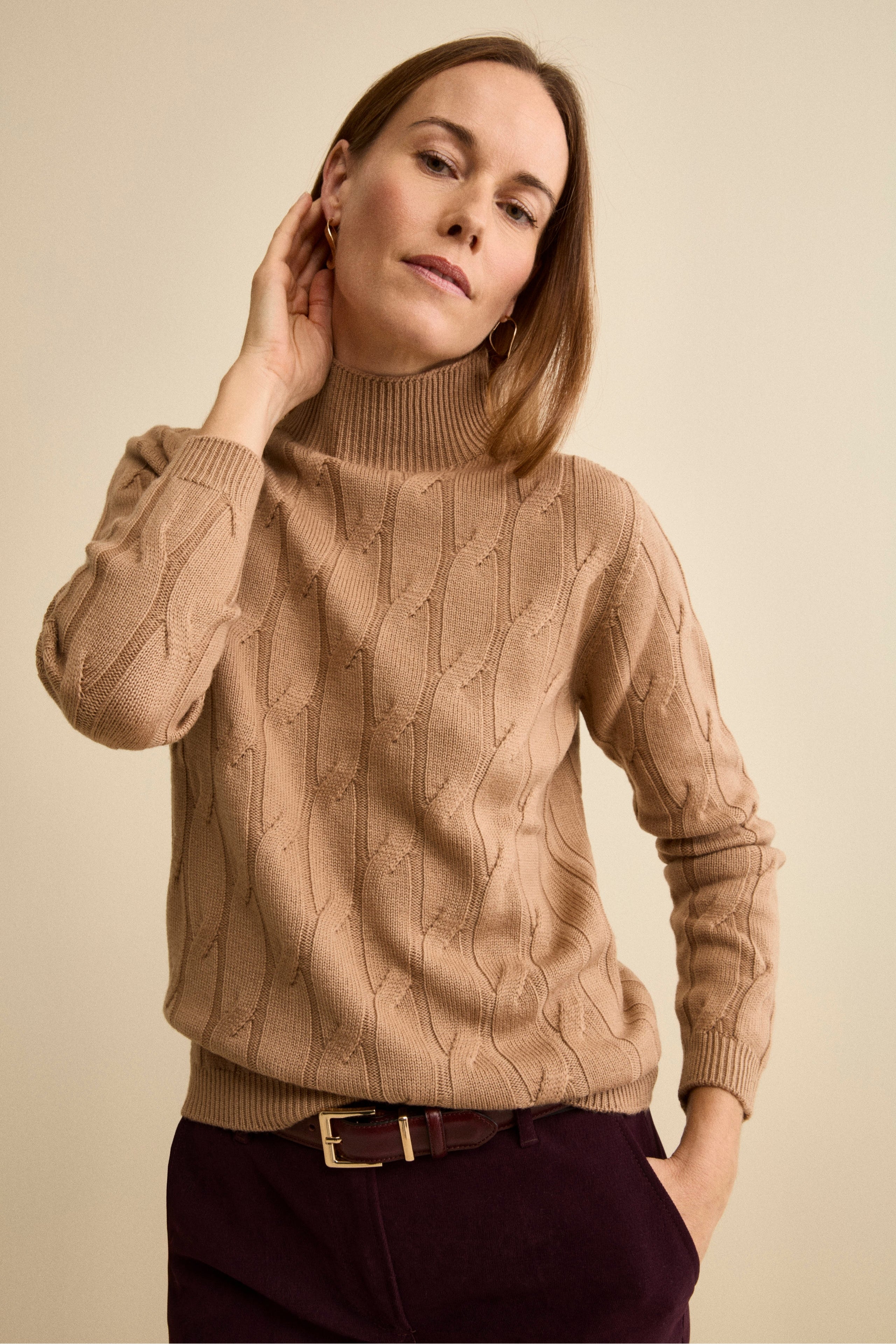Cable-Knit Mock-Neck in Merino Wool - Camel