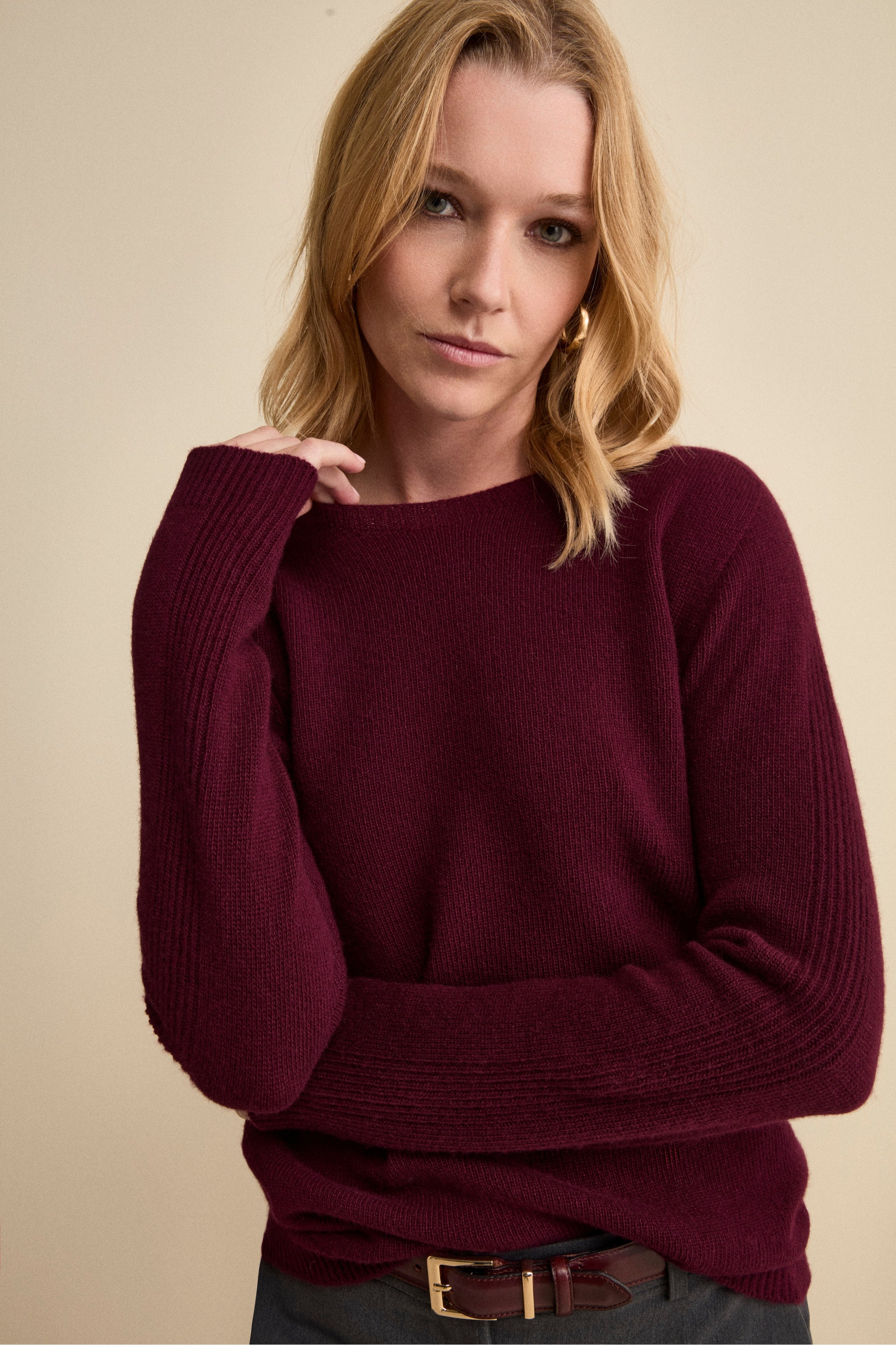 Merino Wool Crewneck with Textured Sleeves - Burgundy