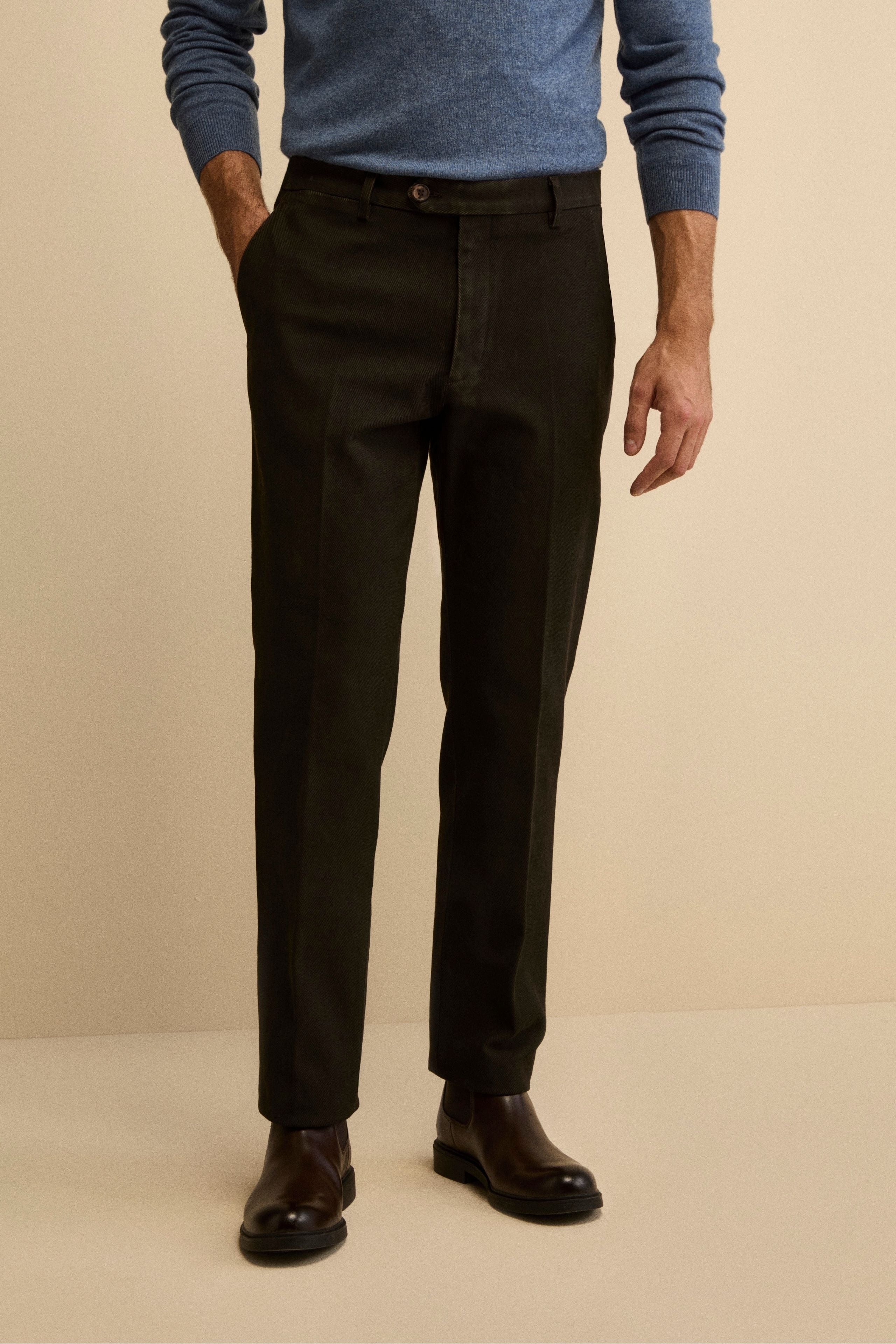 Cotton Slim Fit Pleated Trousers - Dark brown