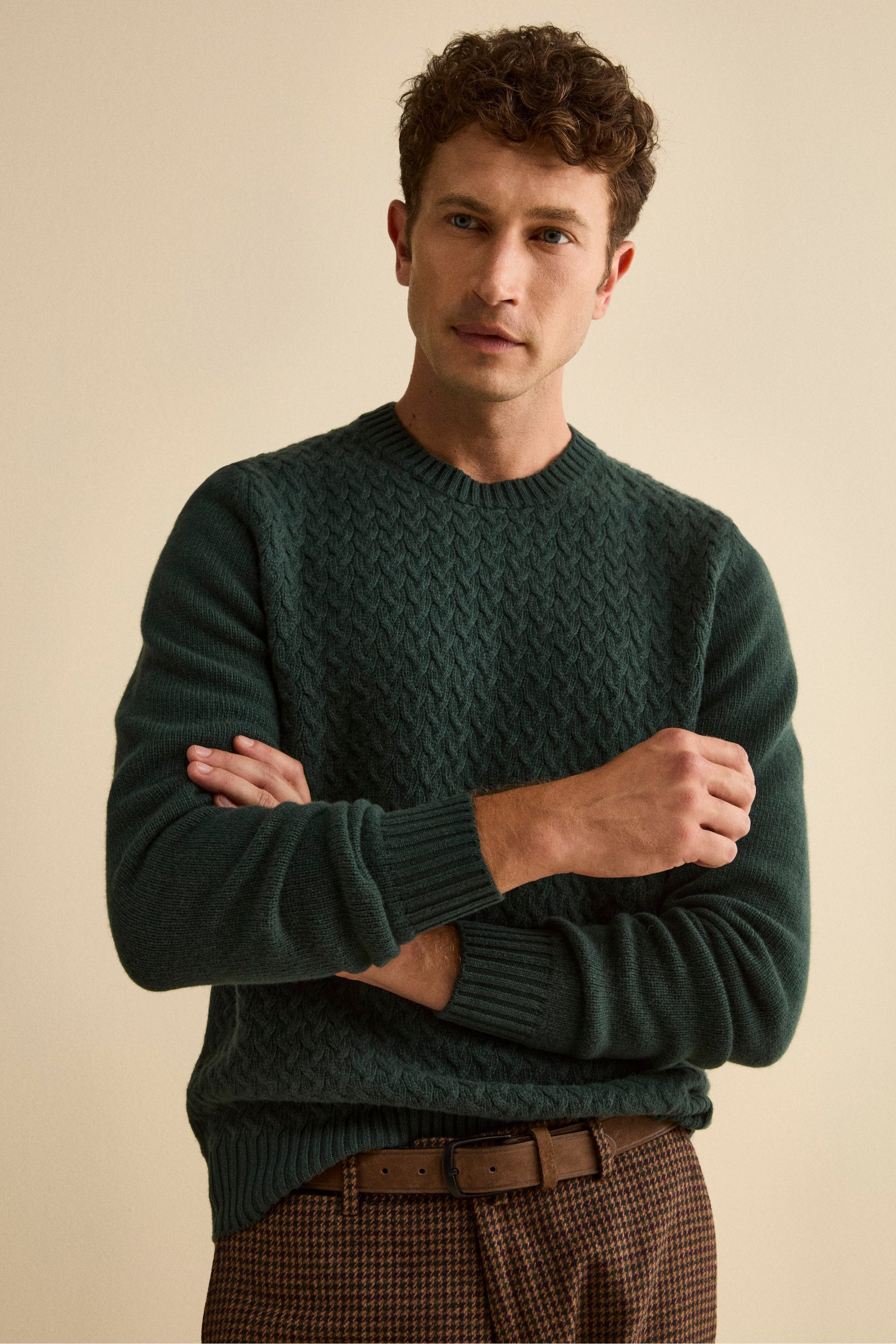 Cable-Knit Crewneck Sweater in Wool - GREEN