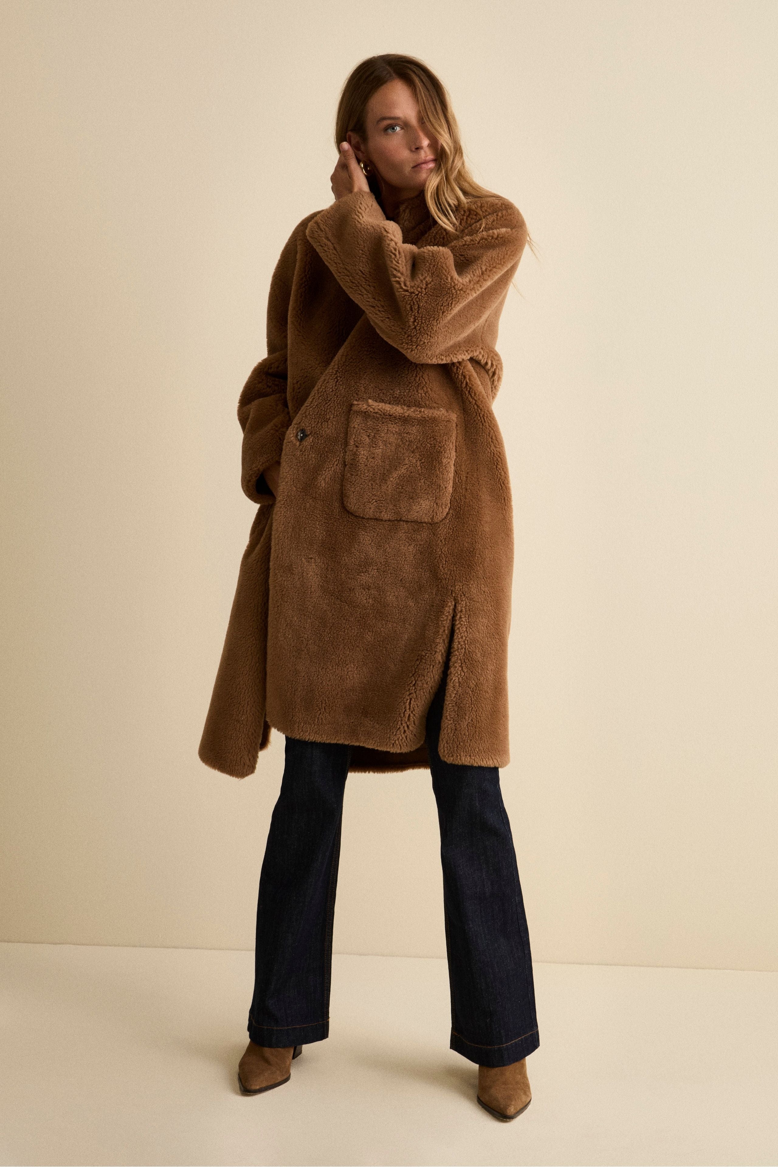 Reversible Teddy Coat in Wool Blend - Tobacco brown