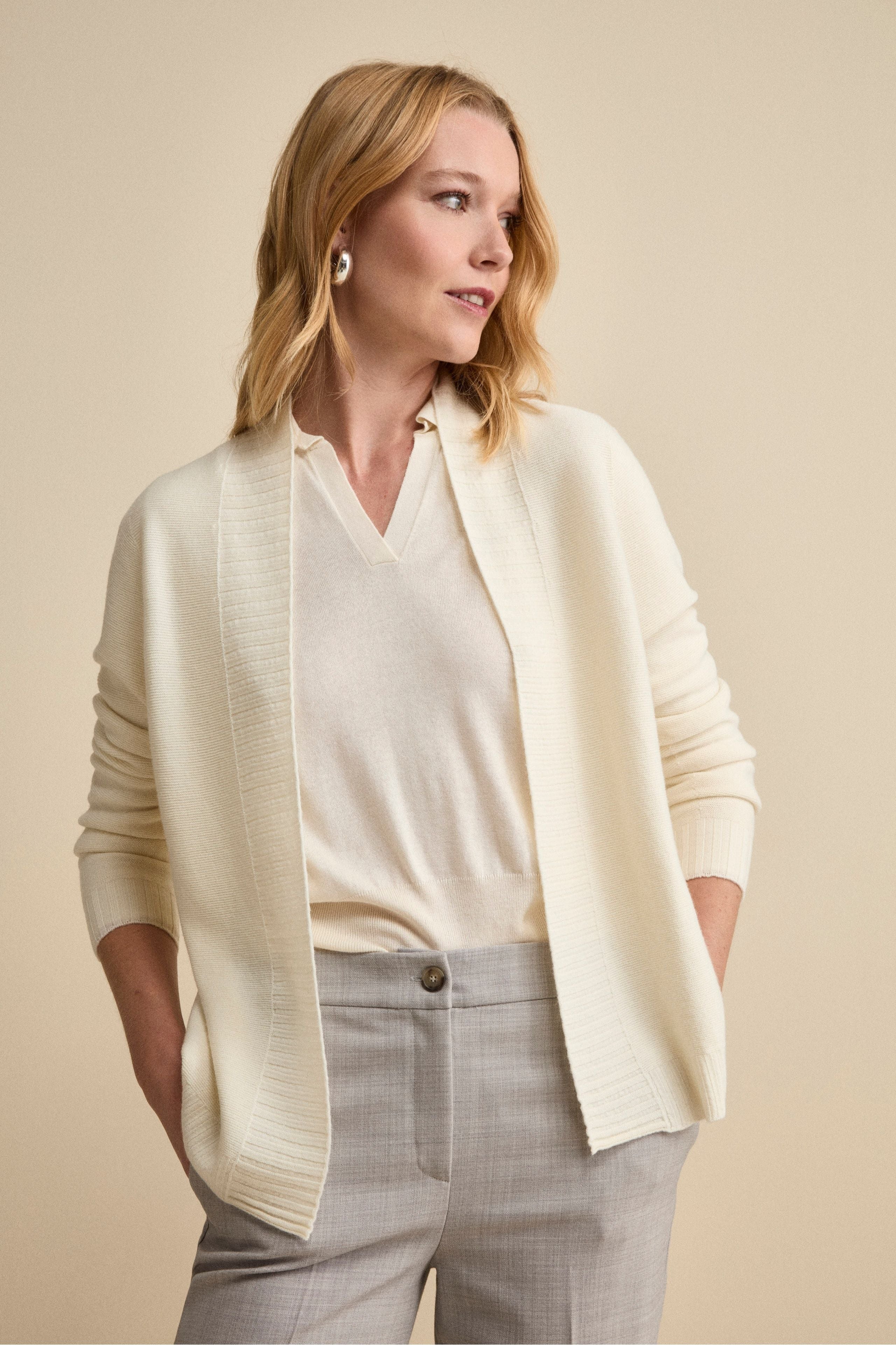 Long Wool Cardigan with Shawl Collar - CREAM