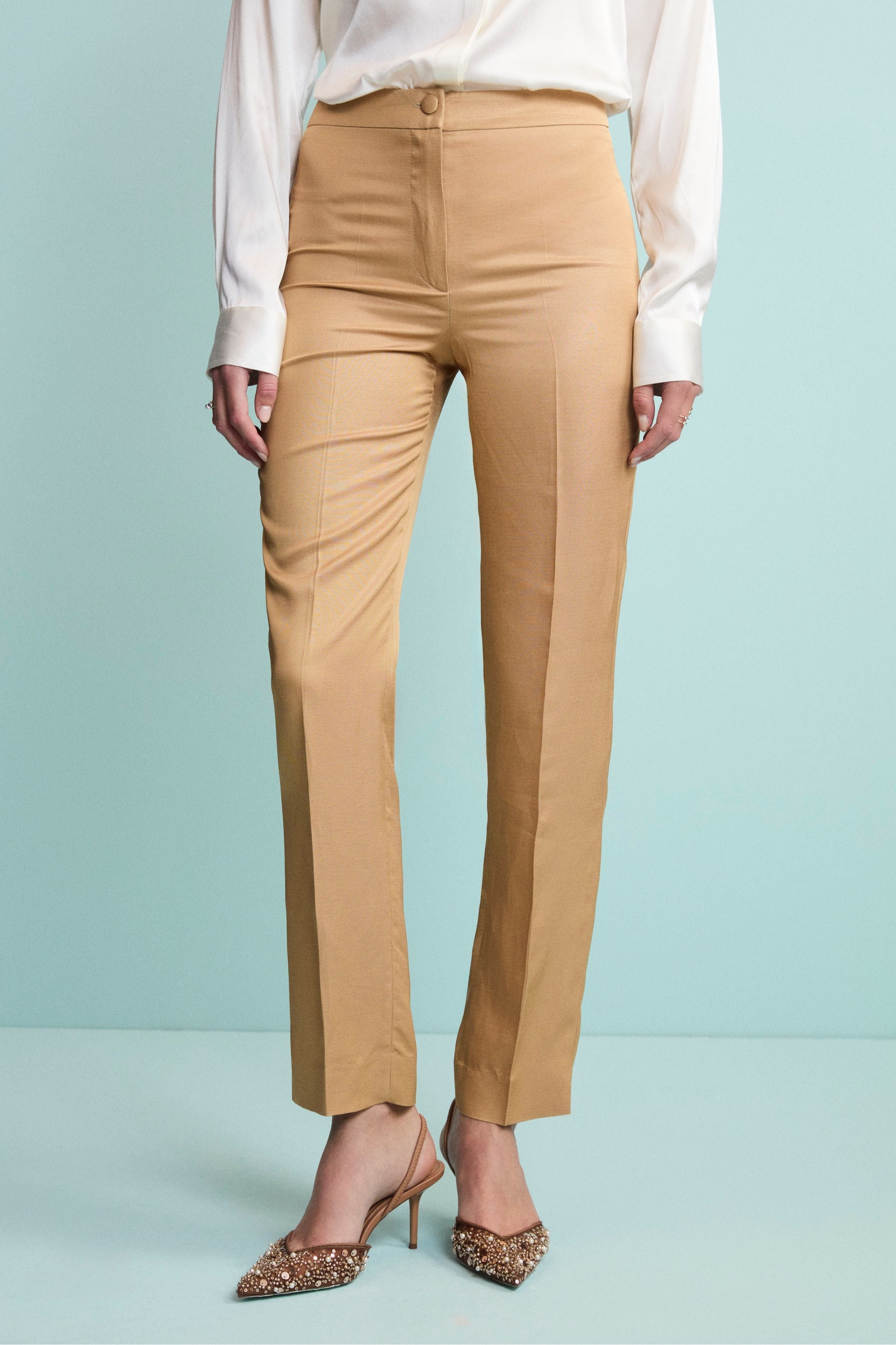 Elegant Slim Fit Blended Linen Trousers Gold 40