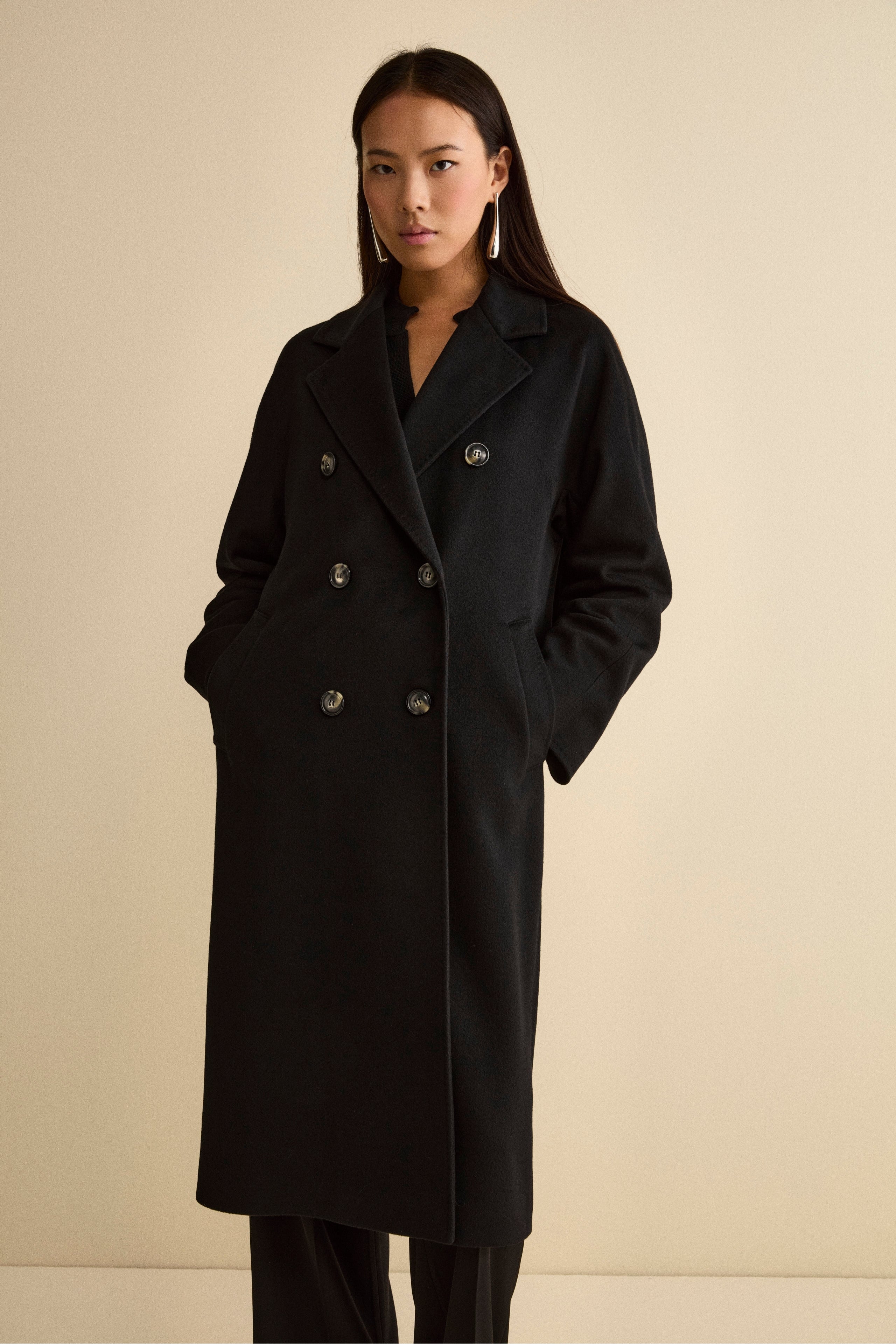 Oversized Double-Breasted Coat in Pure Cashmere - BLACK