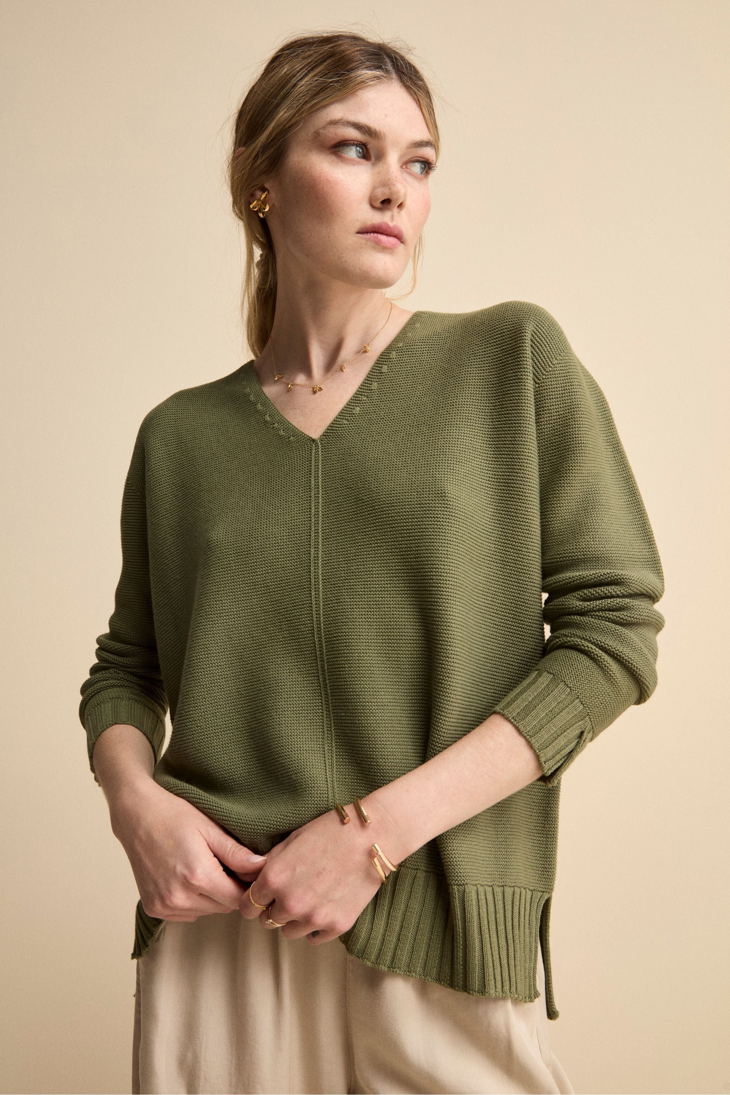 Oversized Cotton V-Neck Sweater Military green