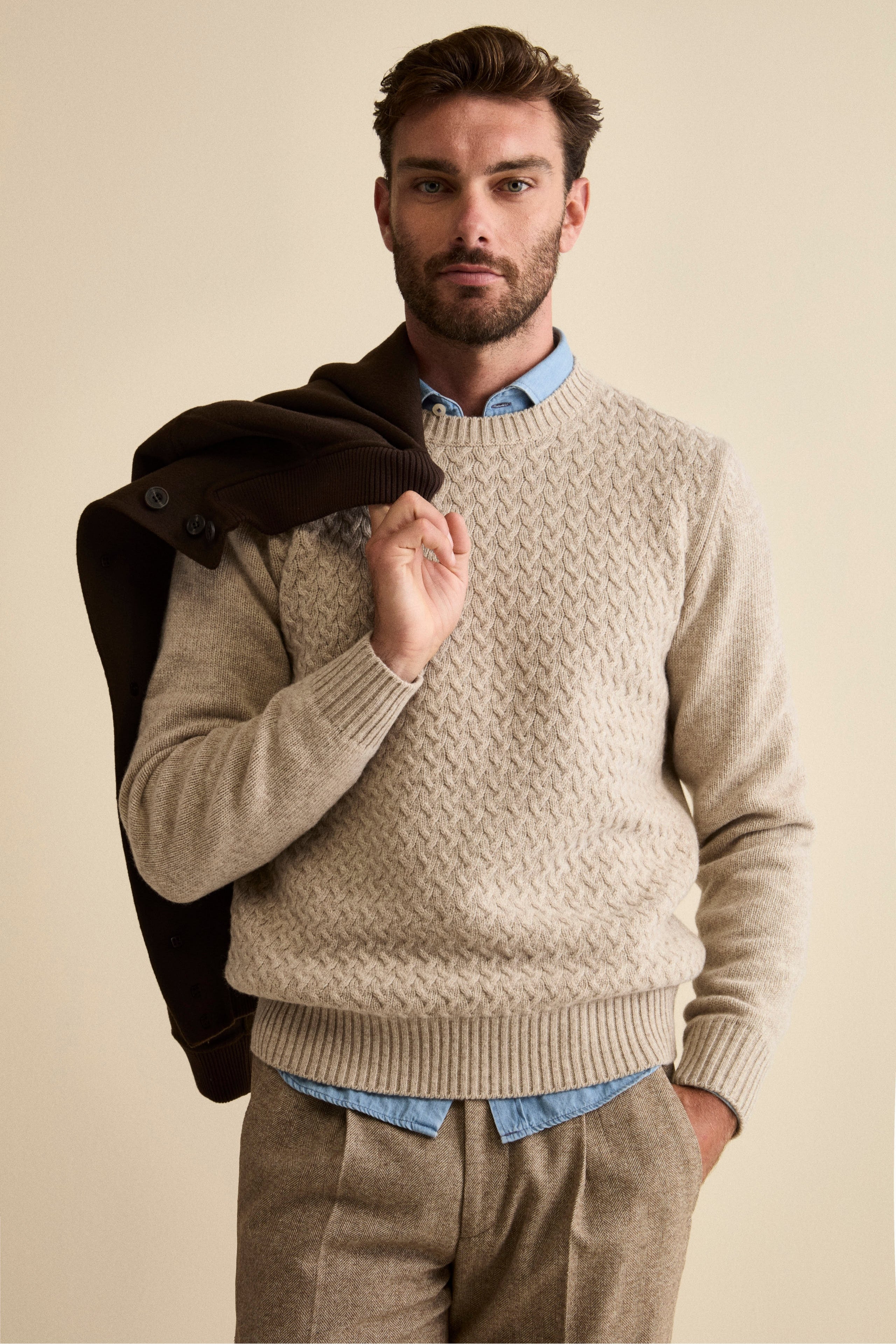Cable-Knit Crewneck Sweater in Wool - Natural