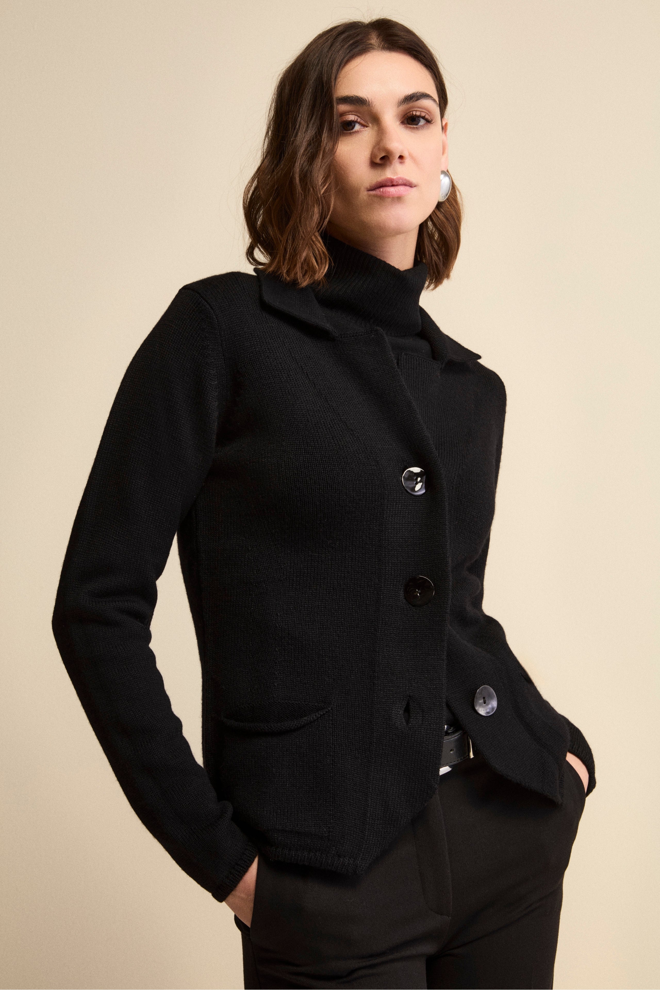 Wool cardigan with buttons - BLACK