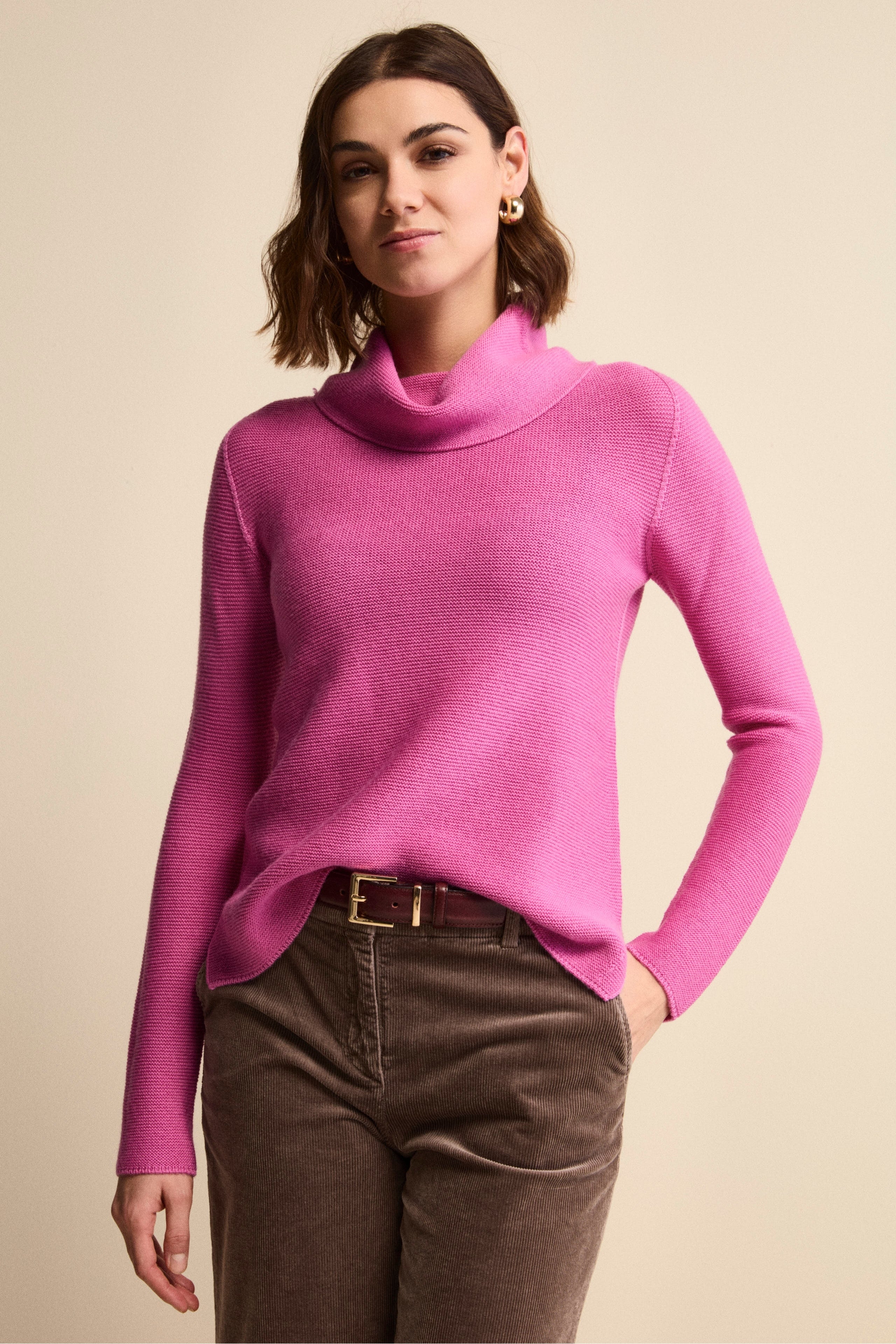 Sweater with Side Slits in Merino Wool - Fuchsia