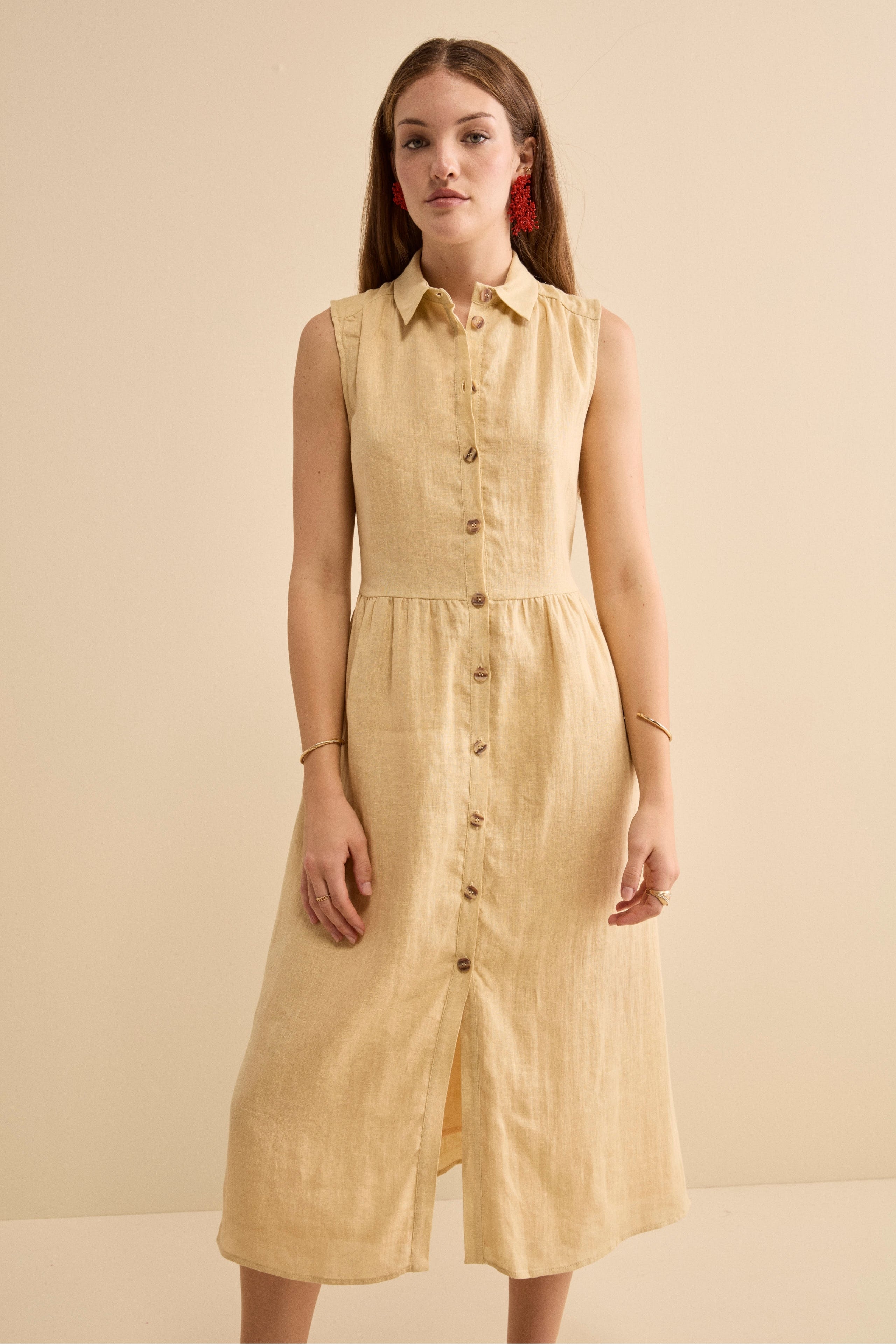 chinese dress ladies WHITE LINEN DRESS WITH FRILL