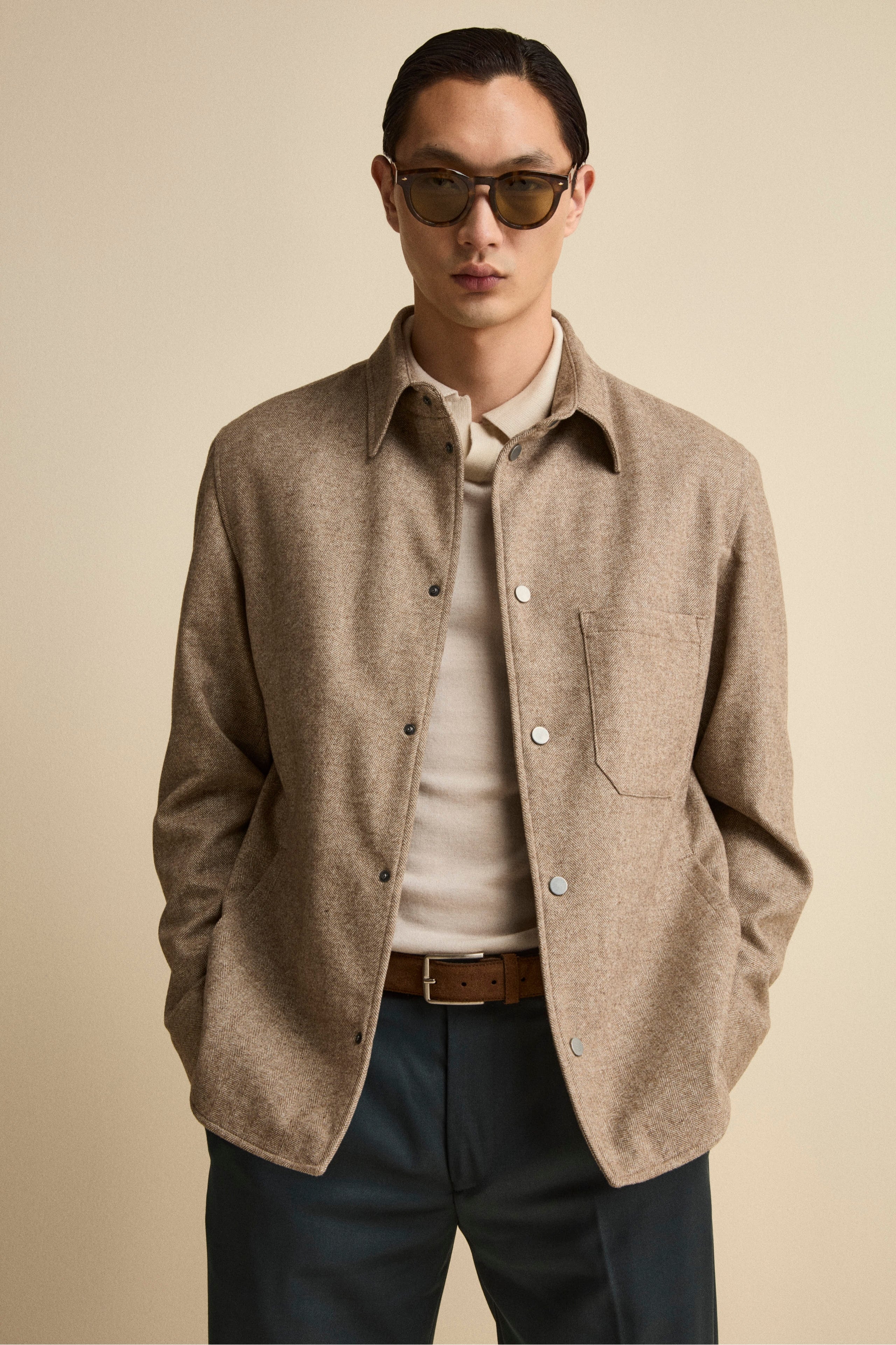 Overshirt Jacket in Wool Blend - Brown herringbone
