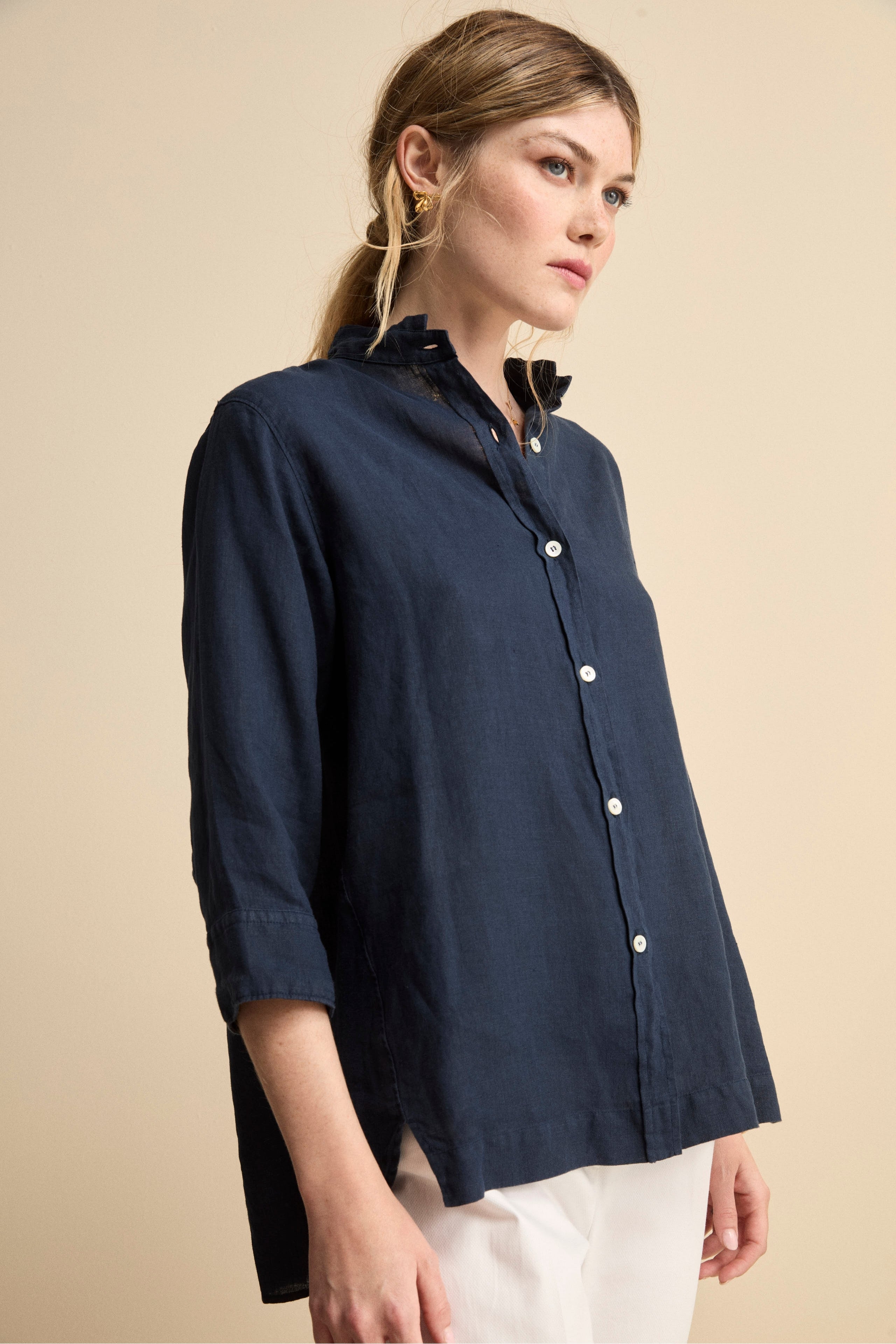 Oversized Mandarin Collar Linen Shirt BLUE 40