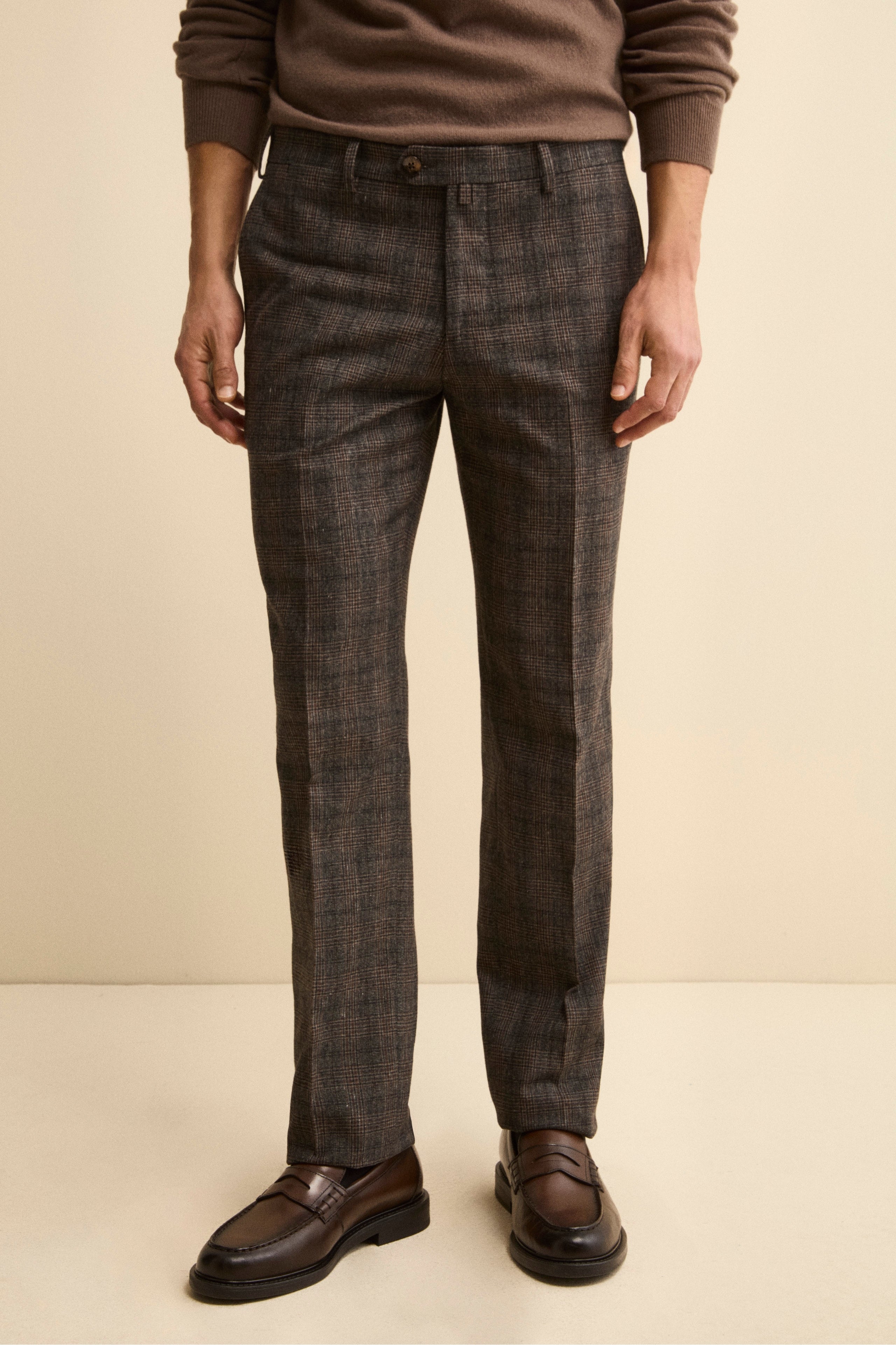 Prince of Wales Trousers in Cotton-Wool Blend - Brown pattern