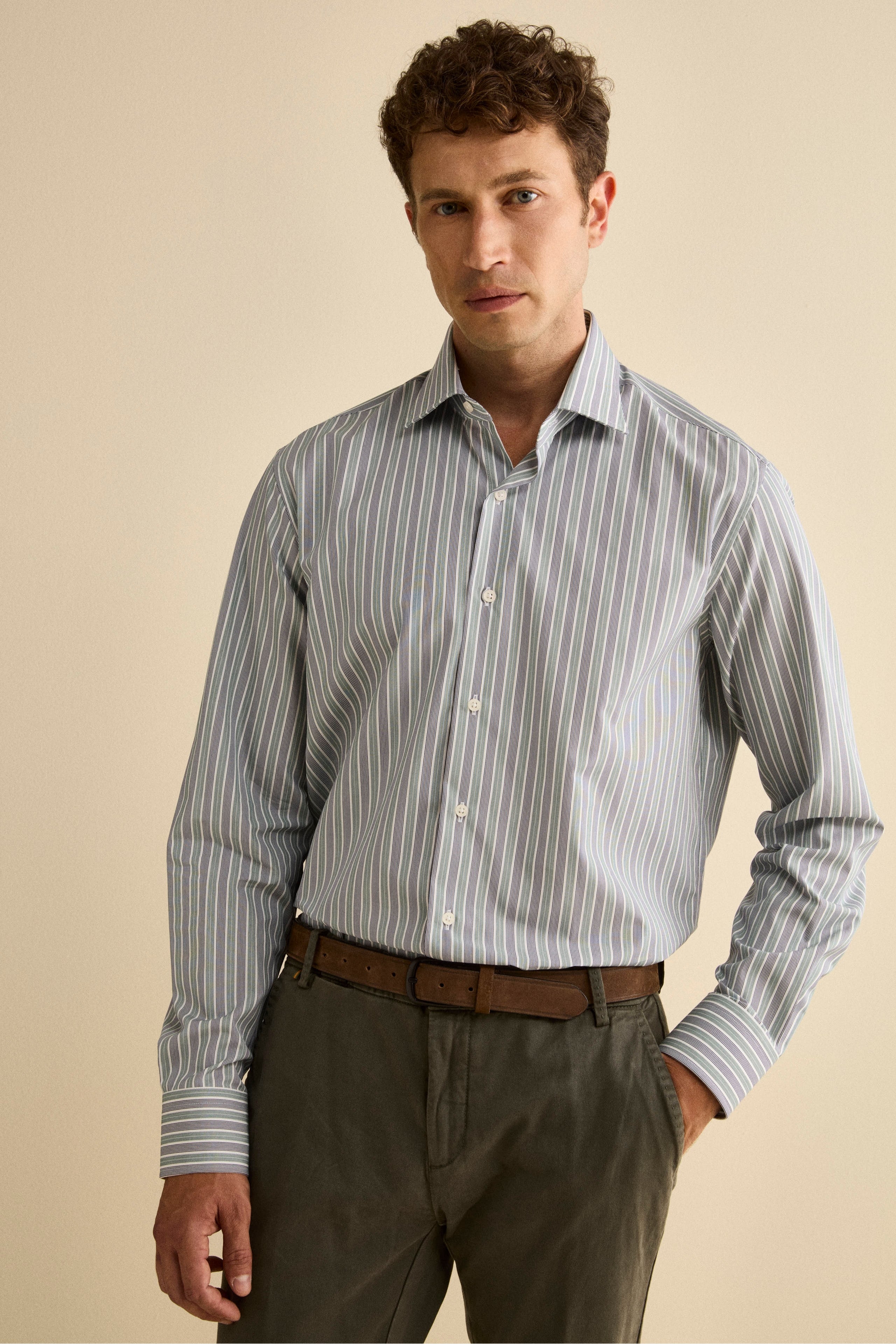 Cotton Printed Shirt Custom Fit with French Collar - BLUE/GREEN STRIPED