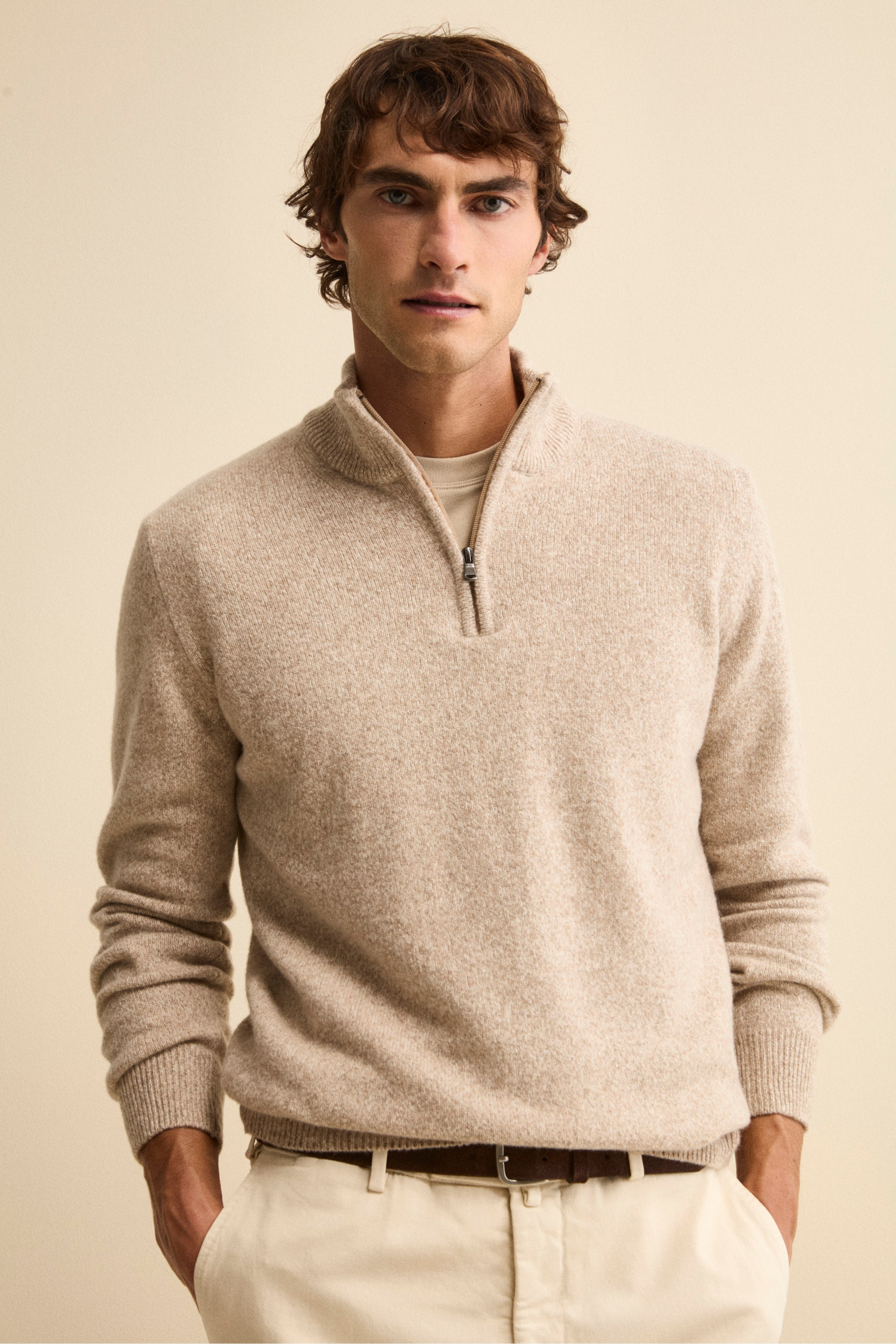Zip Mock Neck in Wool Blend - Natural