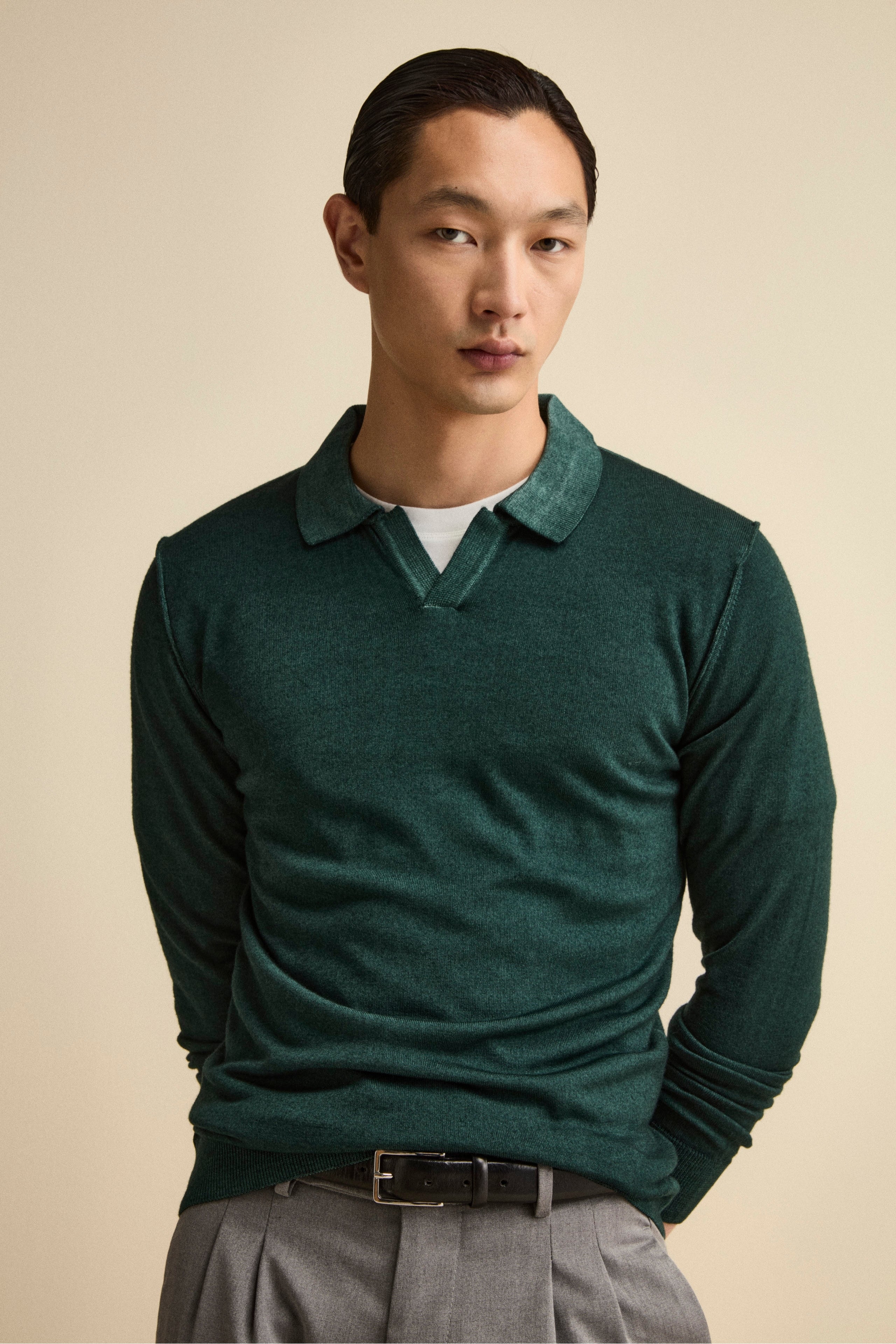 Merino wool derby polo shirt - Petroleum