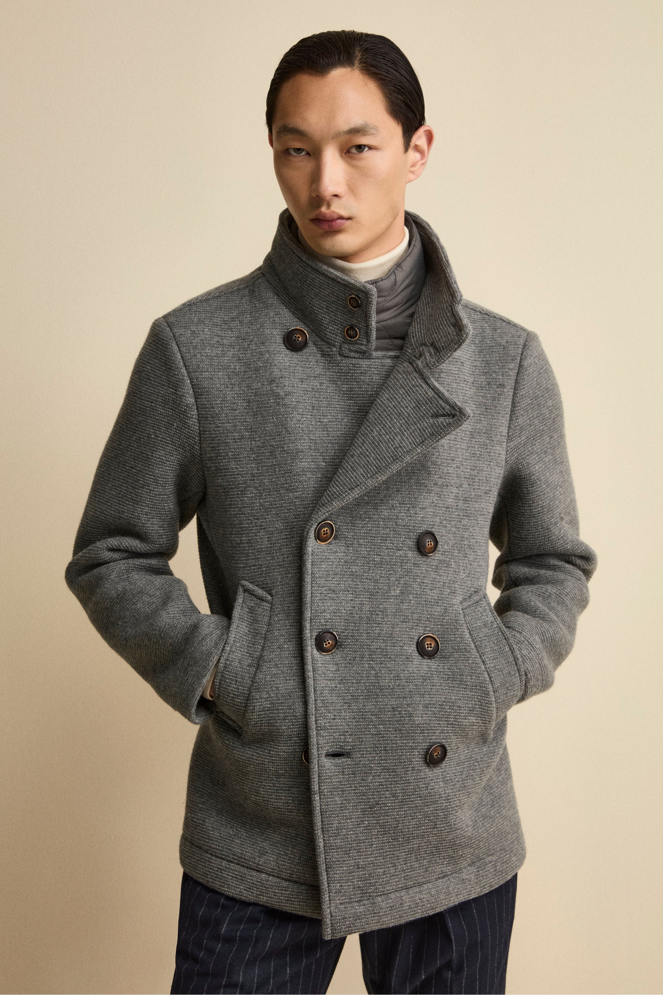 Wool-Blend Double-Breasted Peacoat with Bib - Grey melange