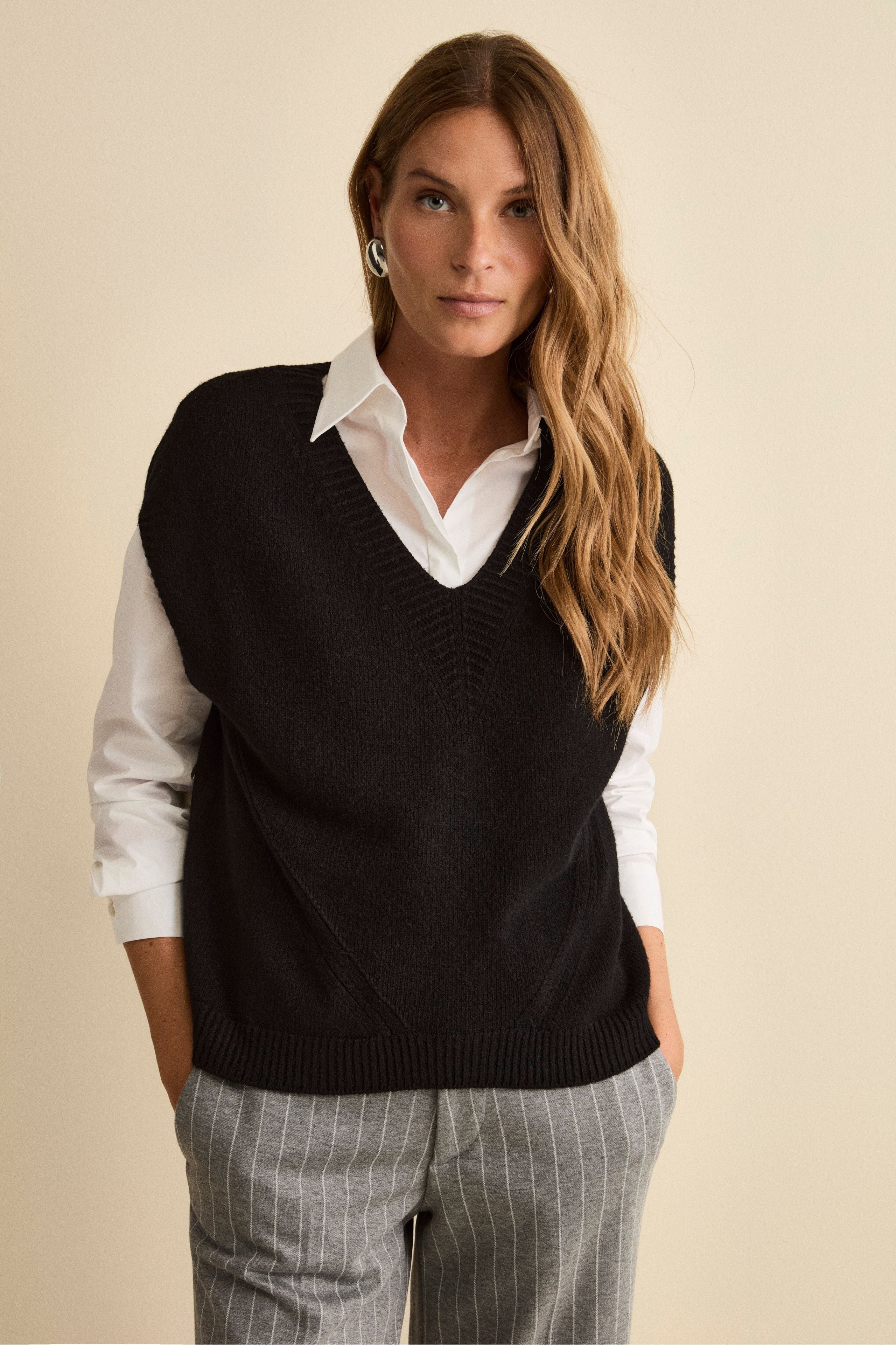Oversized Knit Vest with V-Neck - BLACK
