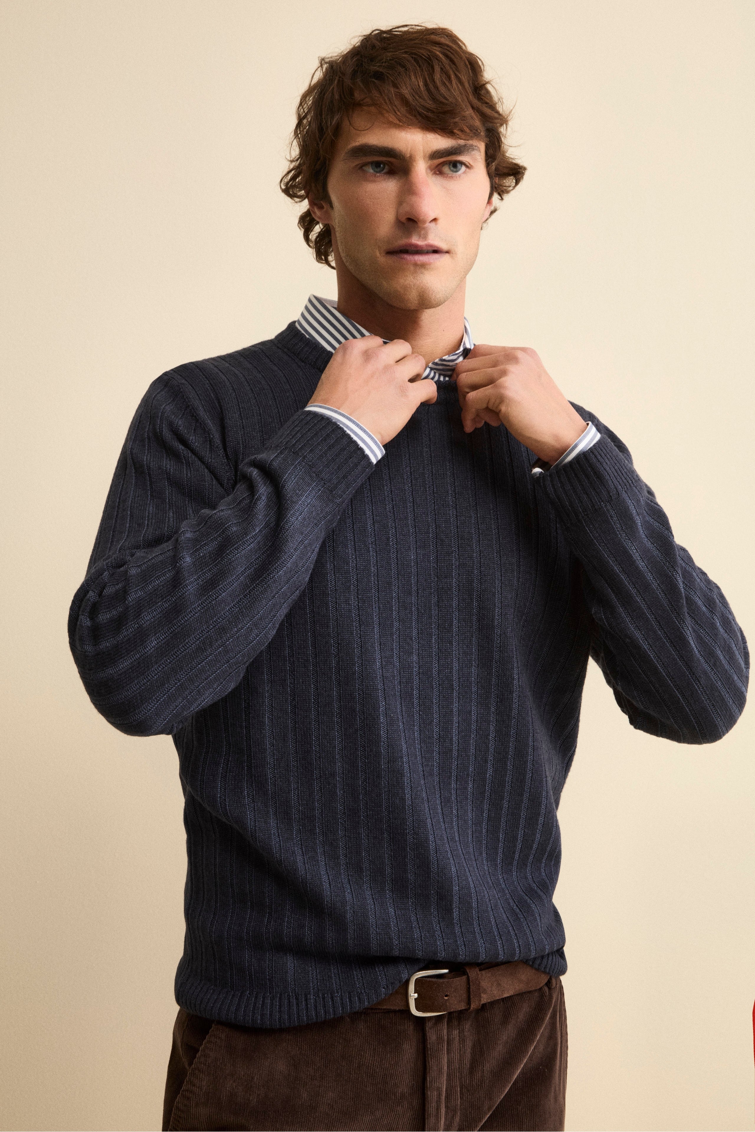 Ribbed Crew Neck in Merino Wool - BLUE MARINE