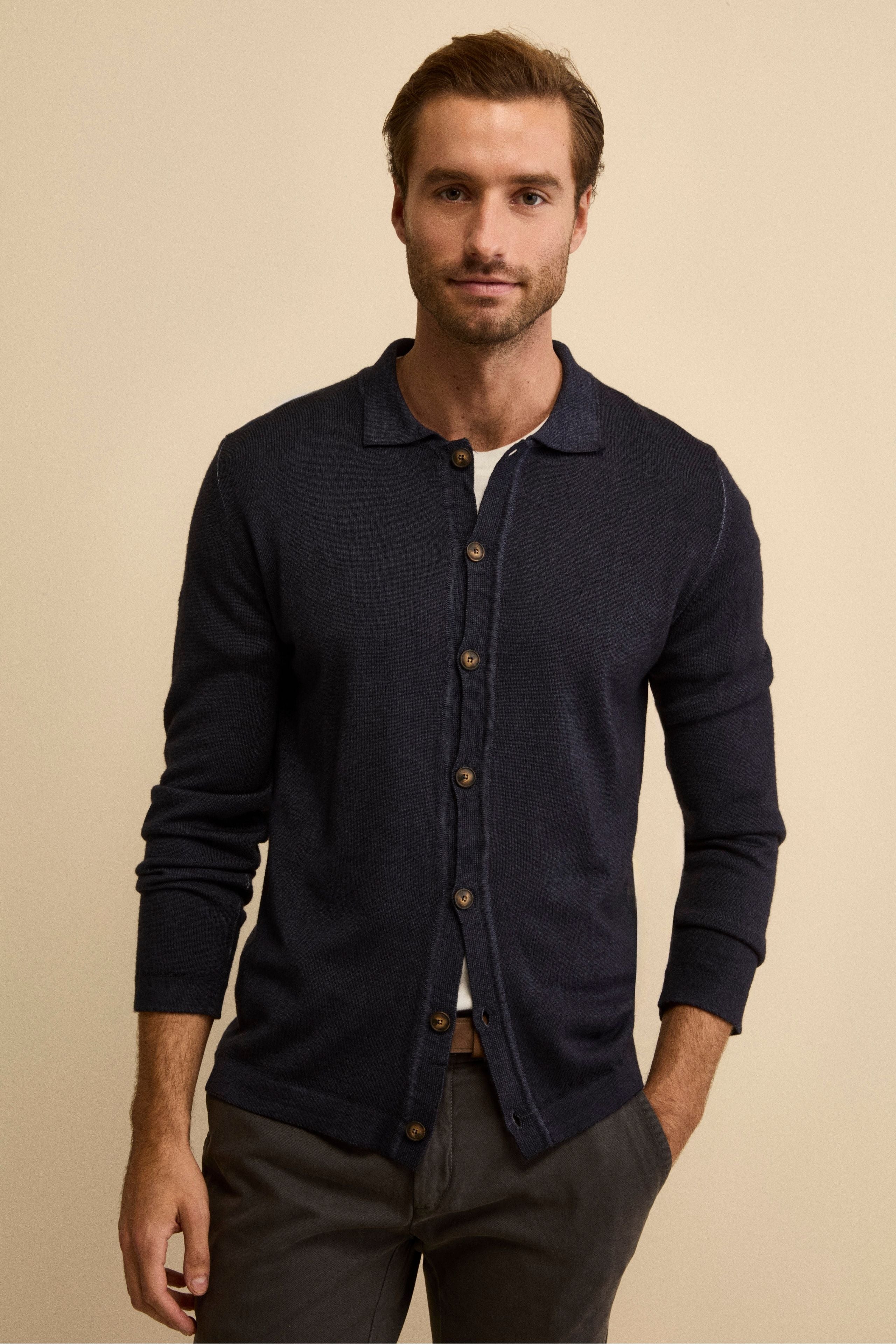 Regular Fit Cardigan in Merino Wool - BLUE MARINE
