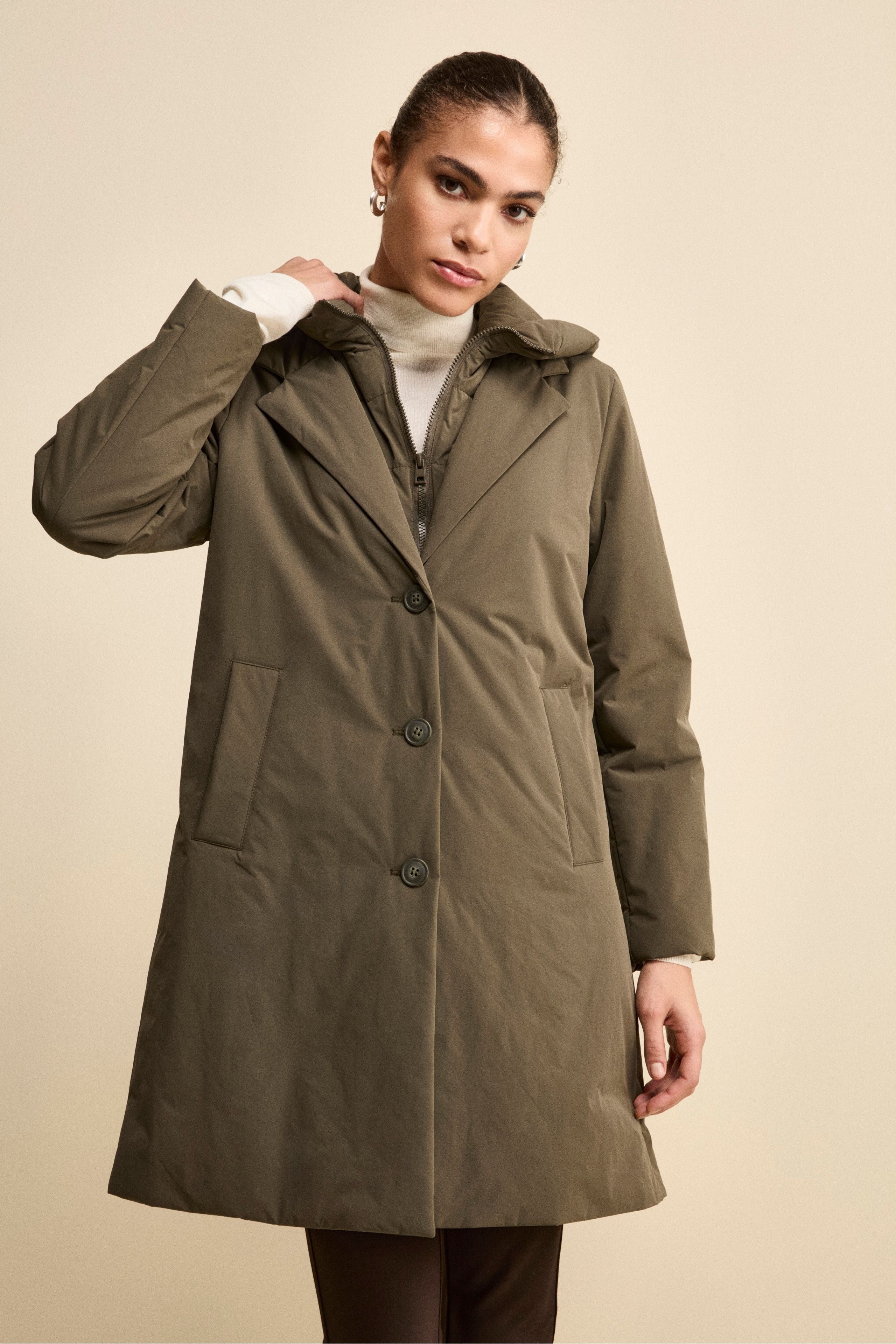 Padded Midi Raincoat with Detachable Hood - Military green