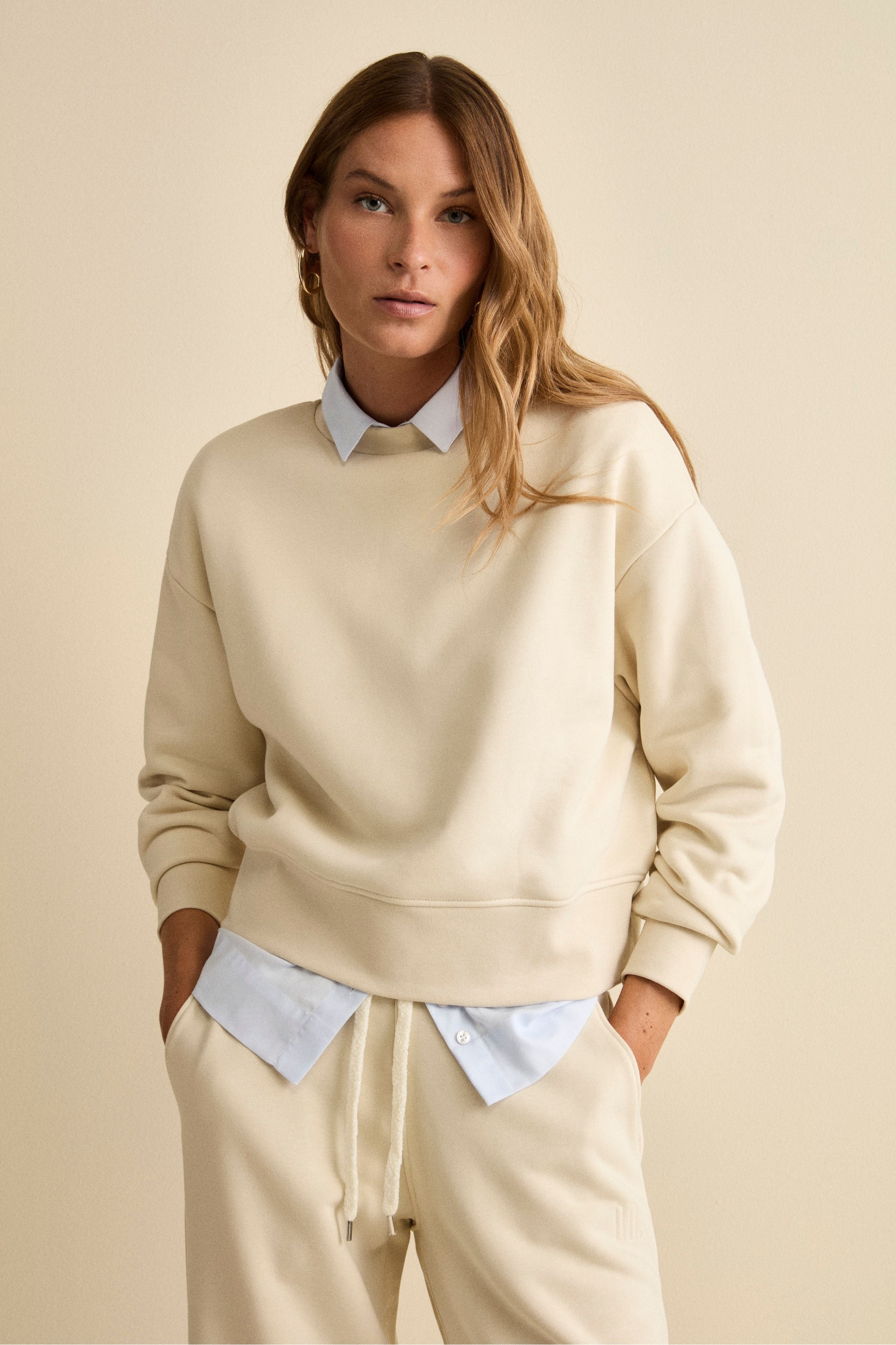 Oversized Cotton Crewneck Sweatshirt - Butter white