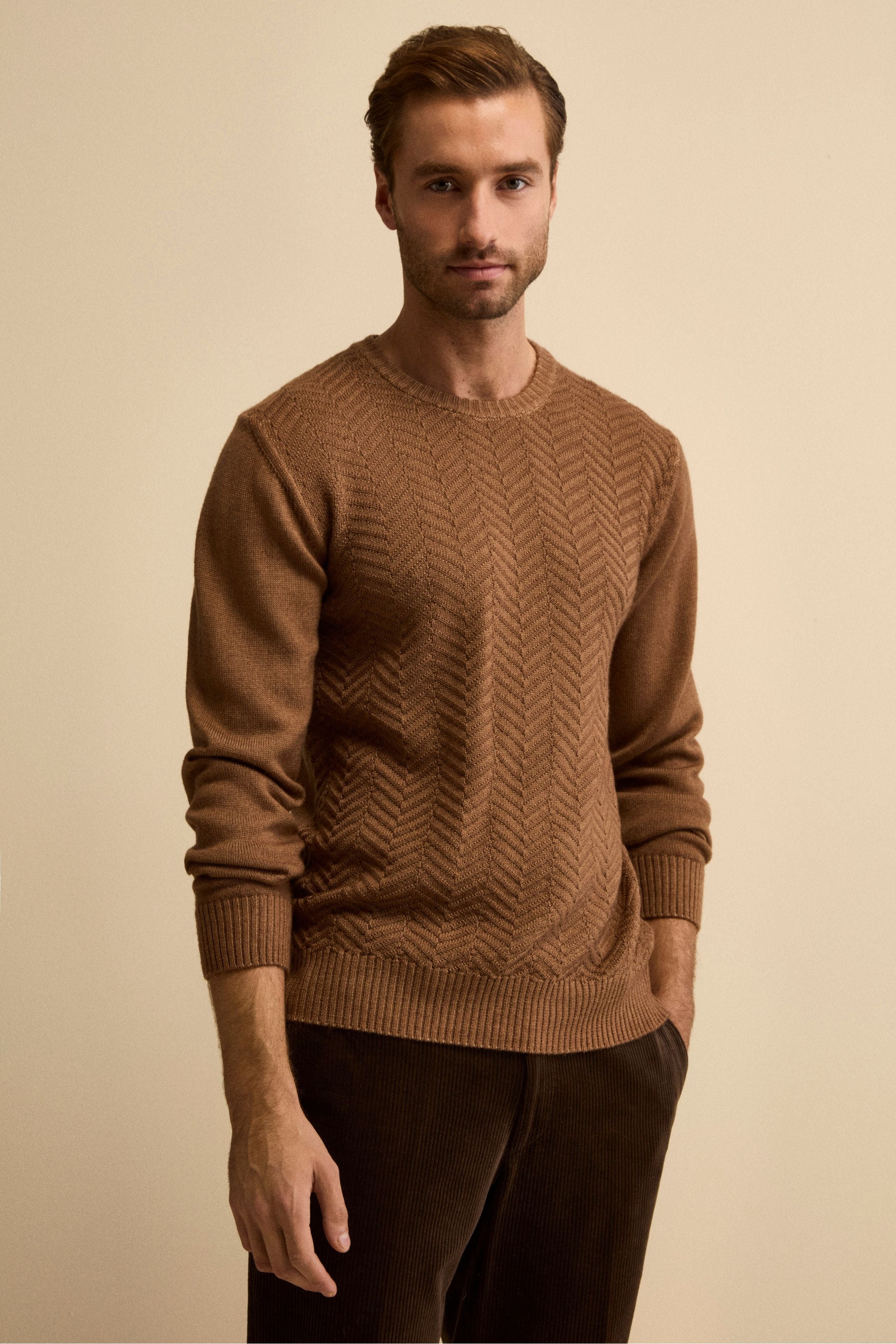 Pull col ras du cou Premium en laine mélangée avec manches longues beige jersey endroit Pull col ras du cou Premium en laine mélangée avec manches longues beige jersey endroit