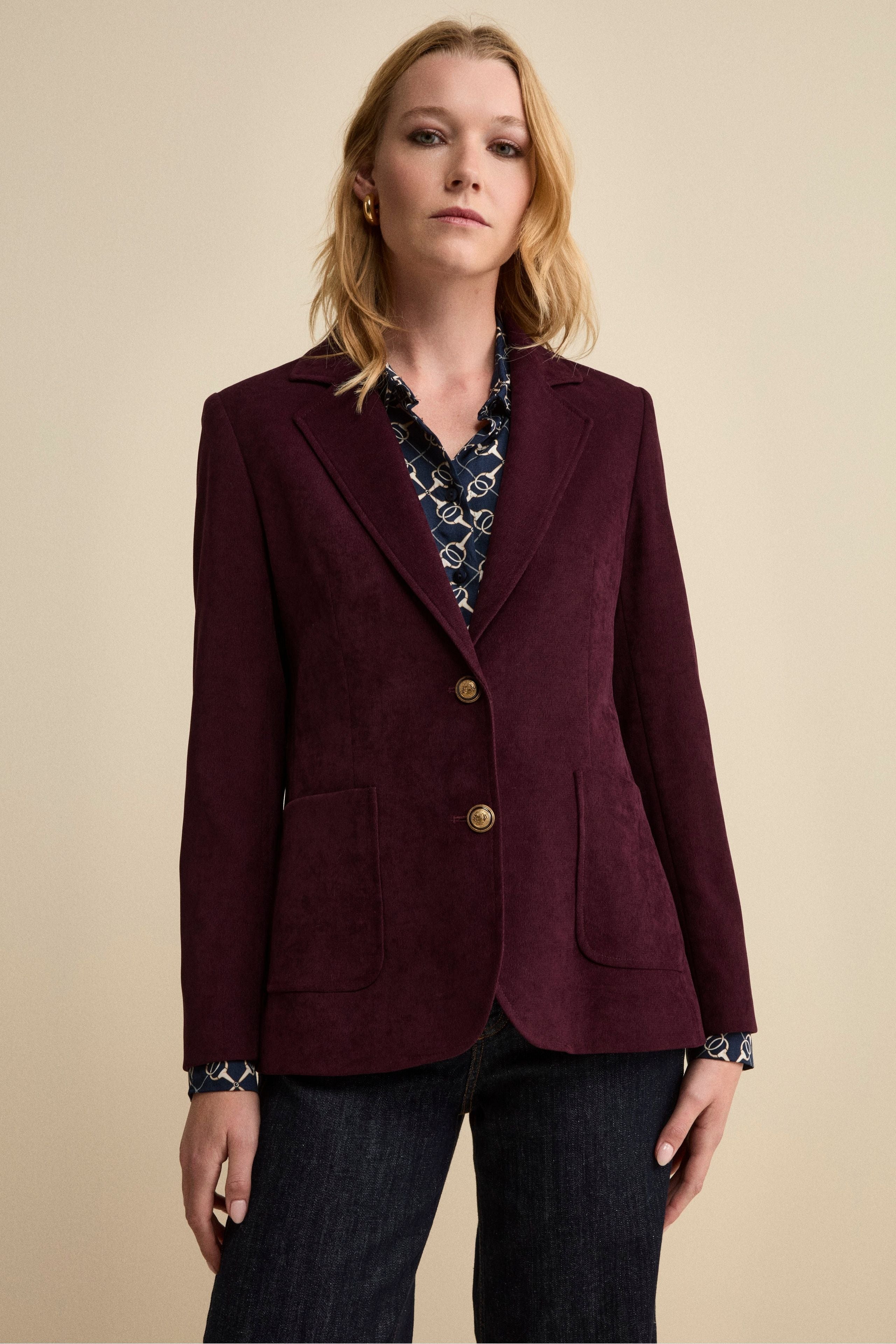 Lined Single-Breasted Velvet Jacket - Burgundy