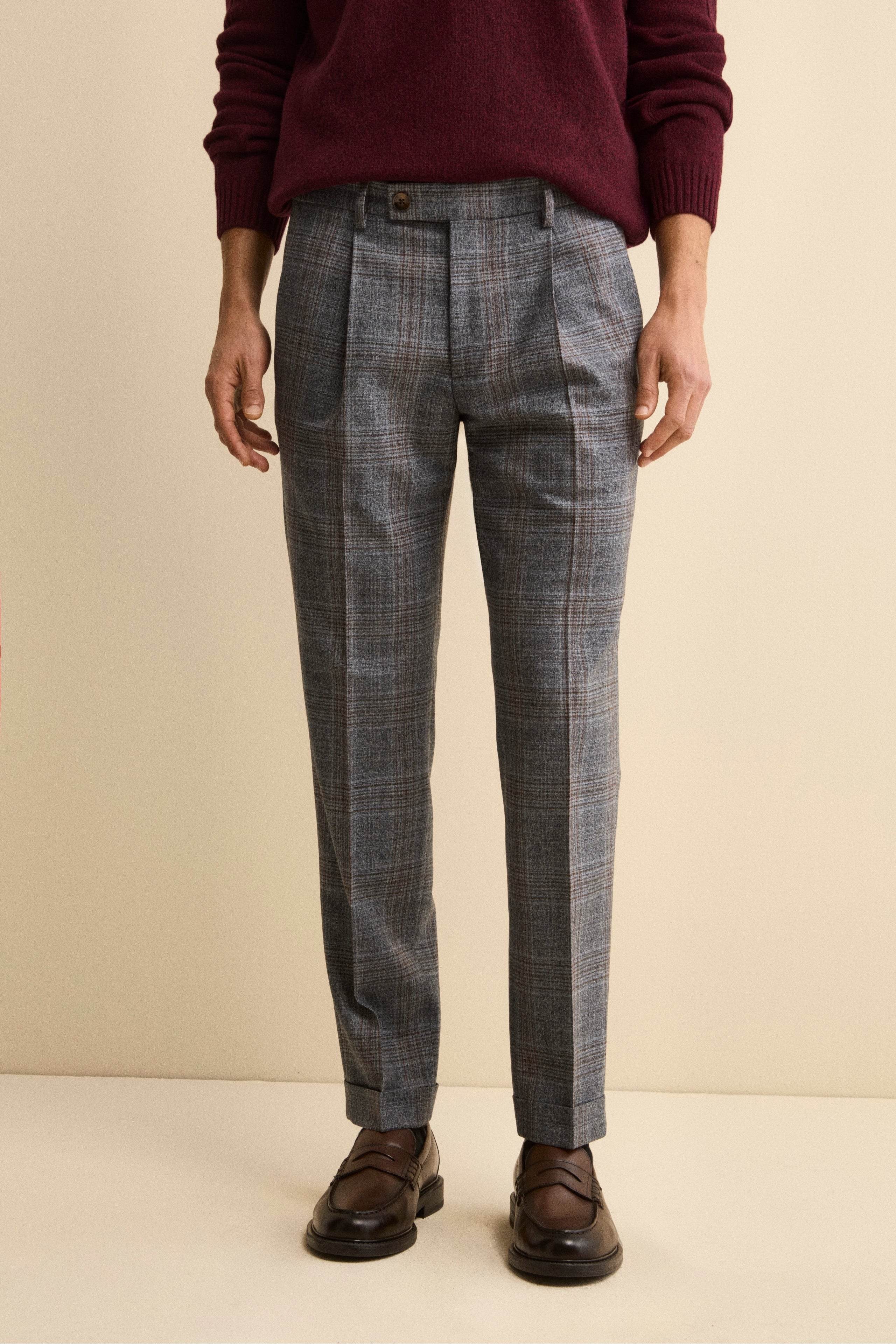 Wool Prince of Wales Trousers with Pleats and Cuffs - Blue melange