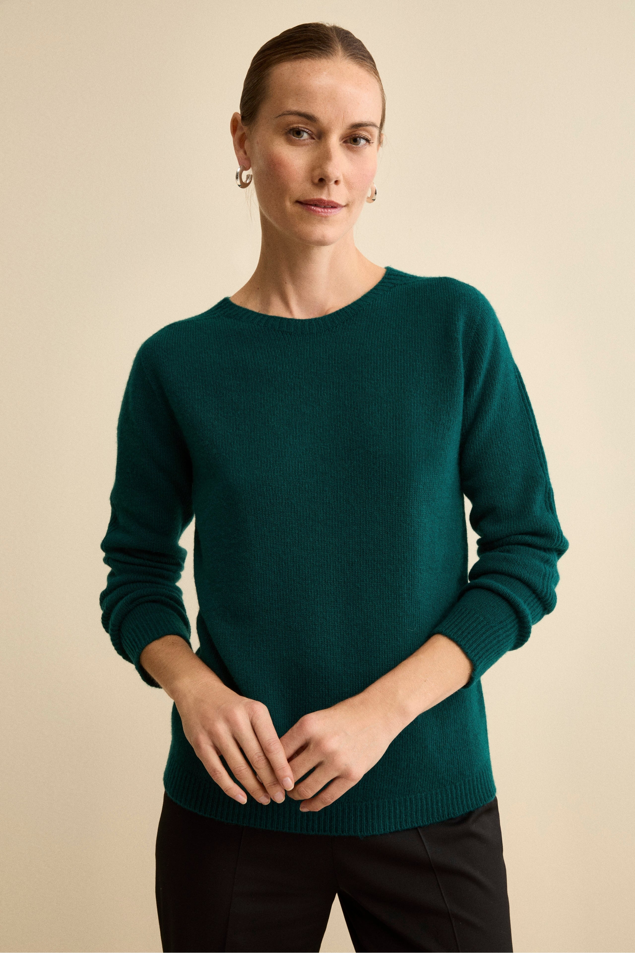 Merino Wool Crewneck with Textured Sleeves - GREEN