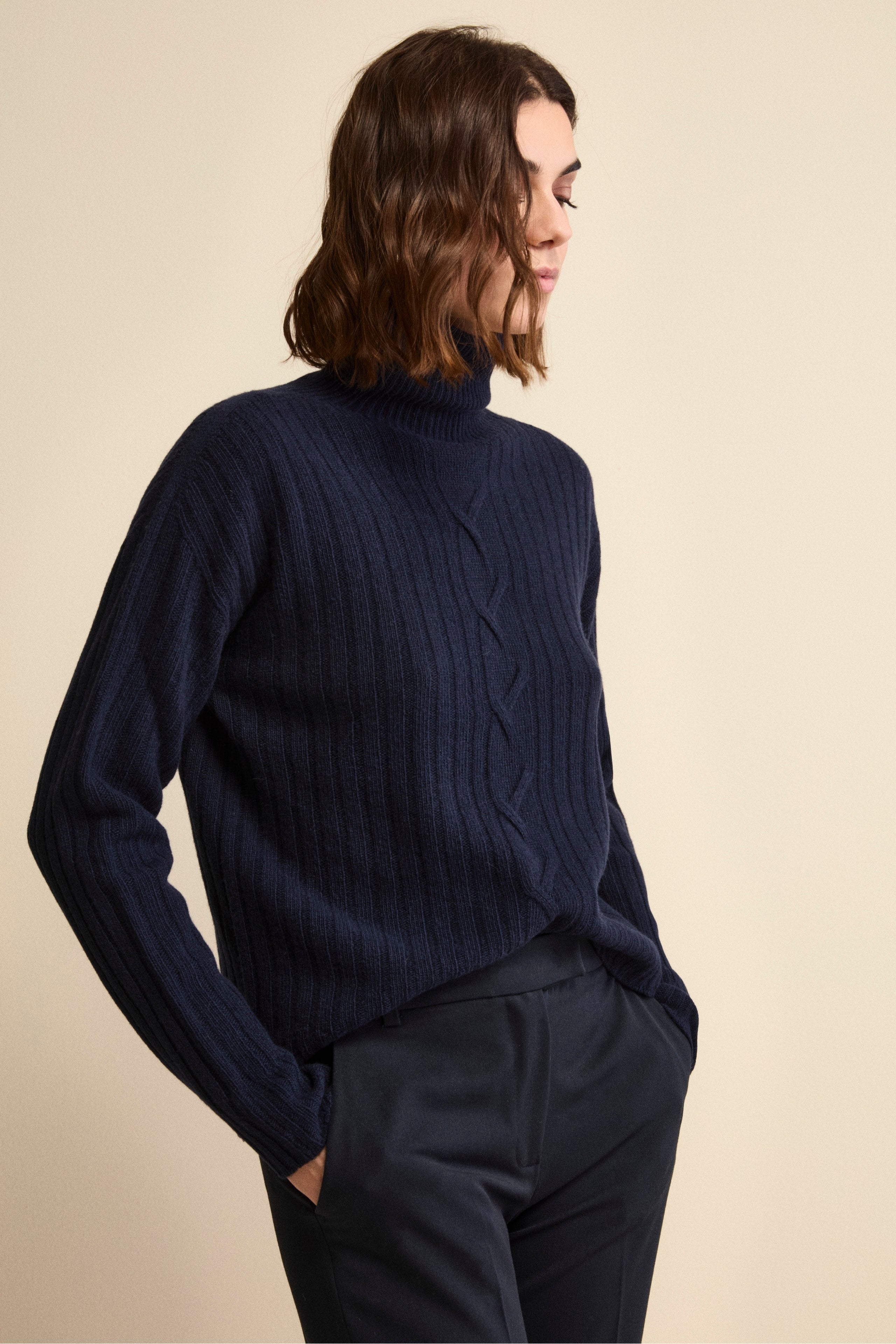 Turtleneck in Wool and Cashmere with Cable Detail - BLUE