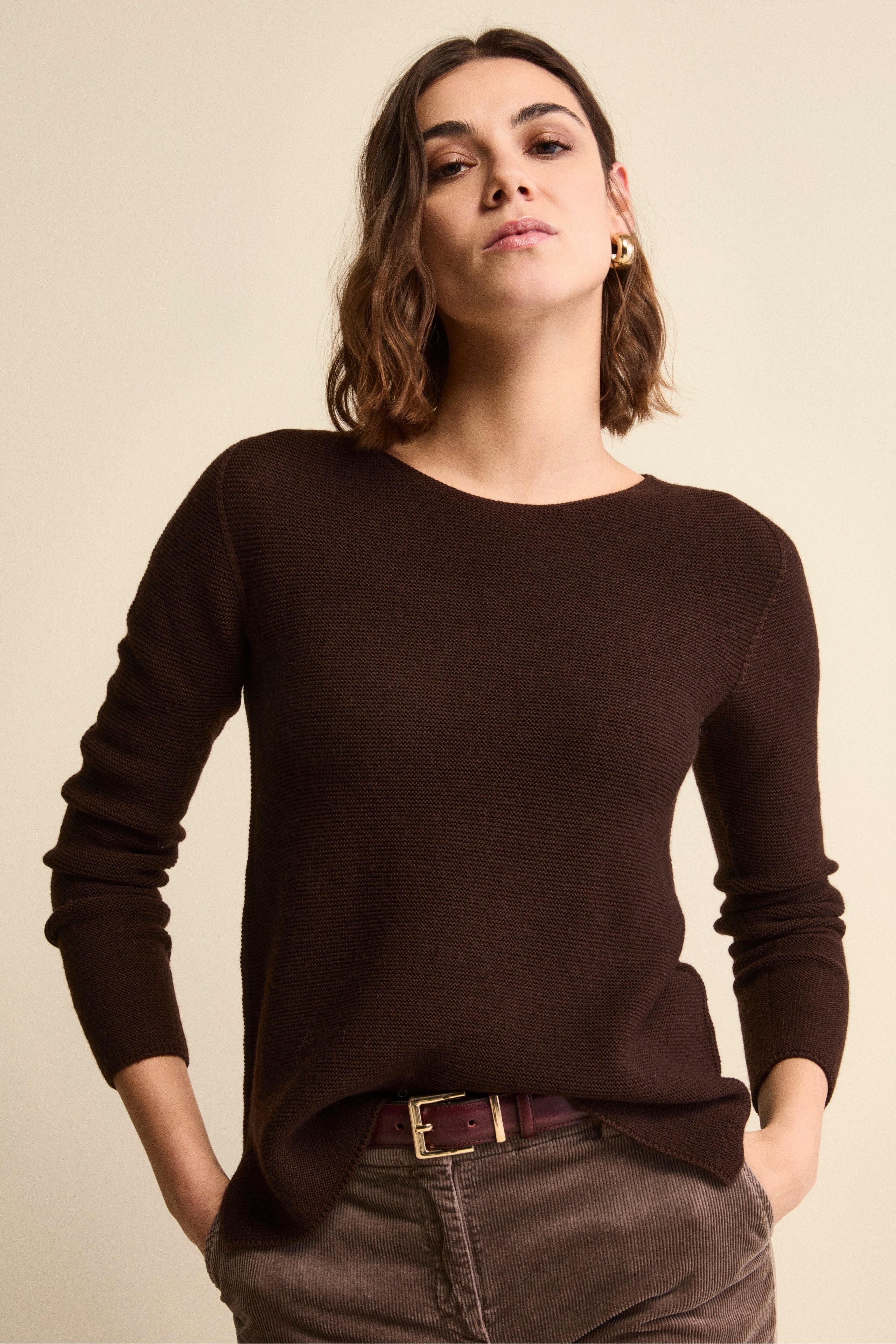 Boat Neck Sweater in Merino Wool - Dark brown