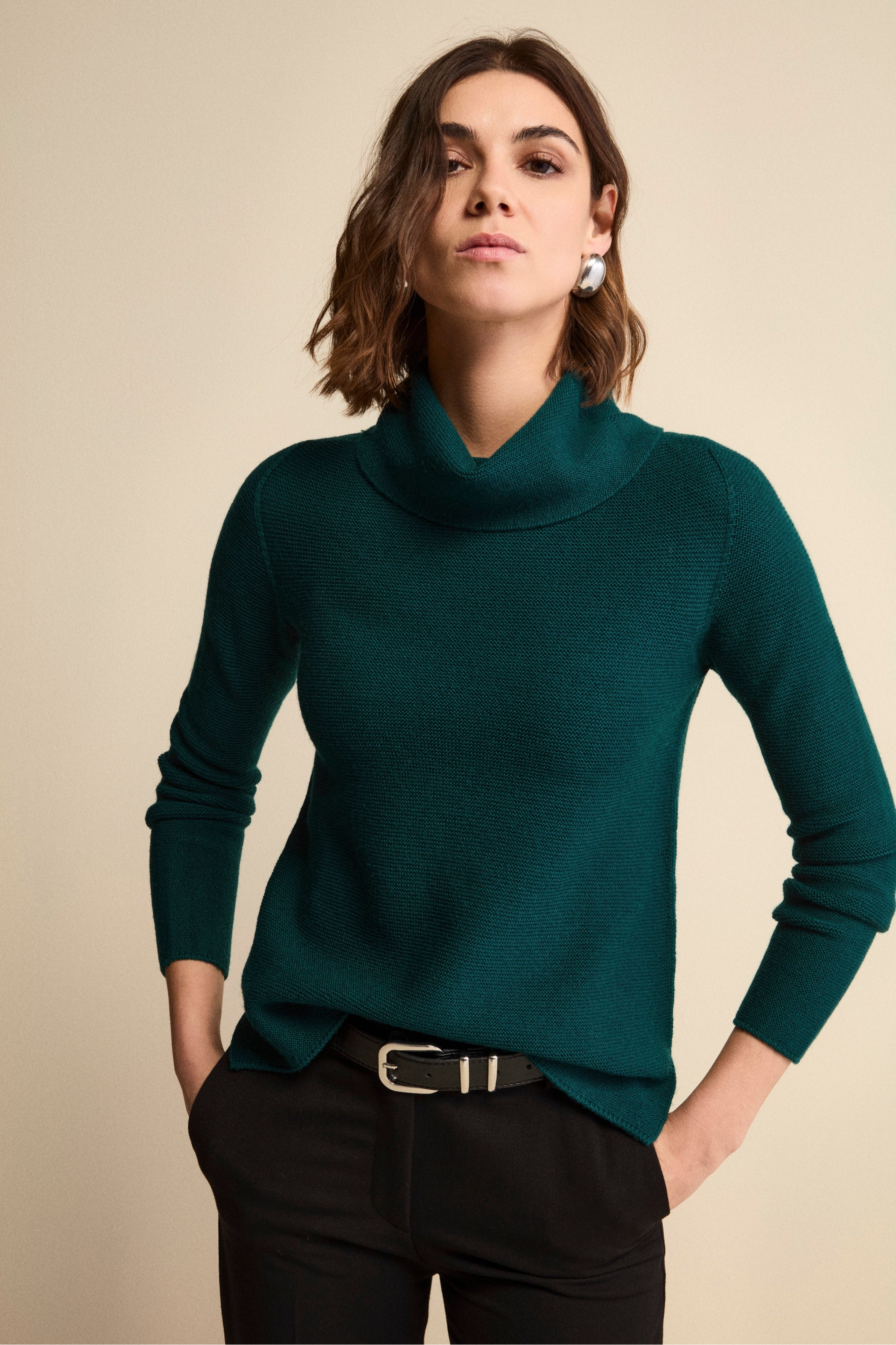 Sweater with Side Slits in Merino Wool - GREEN