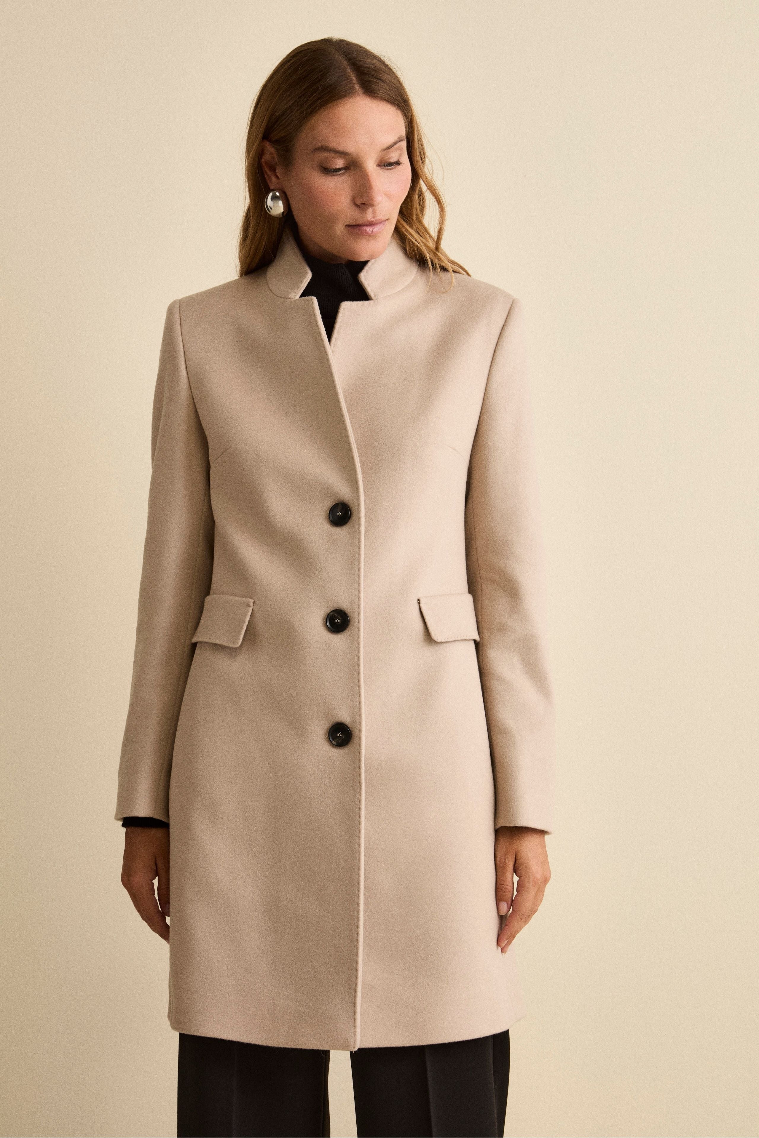 【新品未使用】stand collar midi coat (ivory) Fitted Midi Coat in Wool and Cashmere Blend - Chalk white