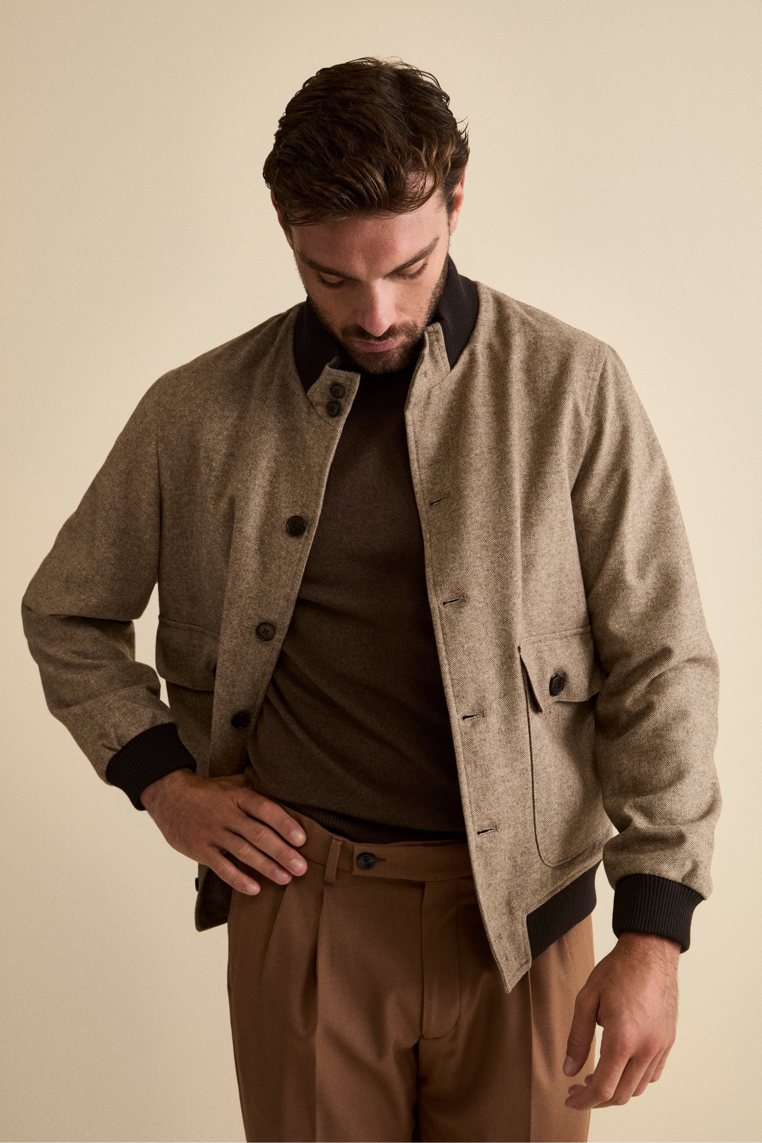 Herringbone Bomber with Pockets in Wool Blend - Brown herringbone