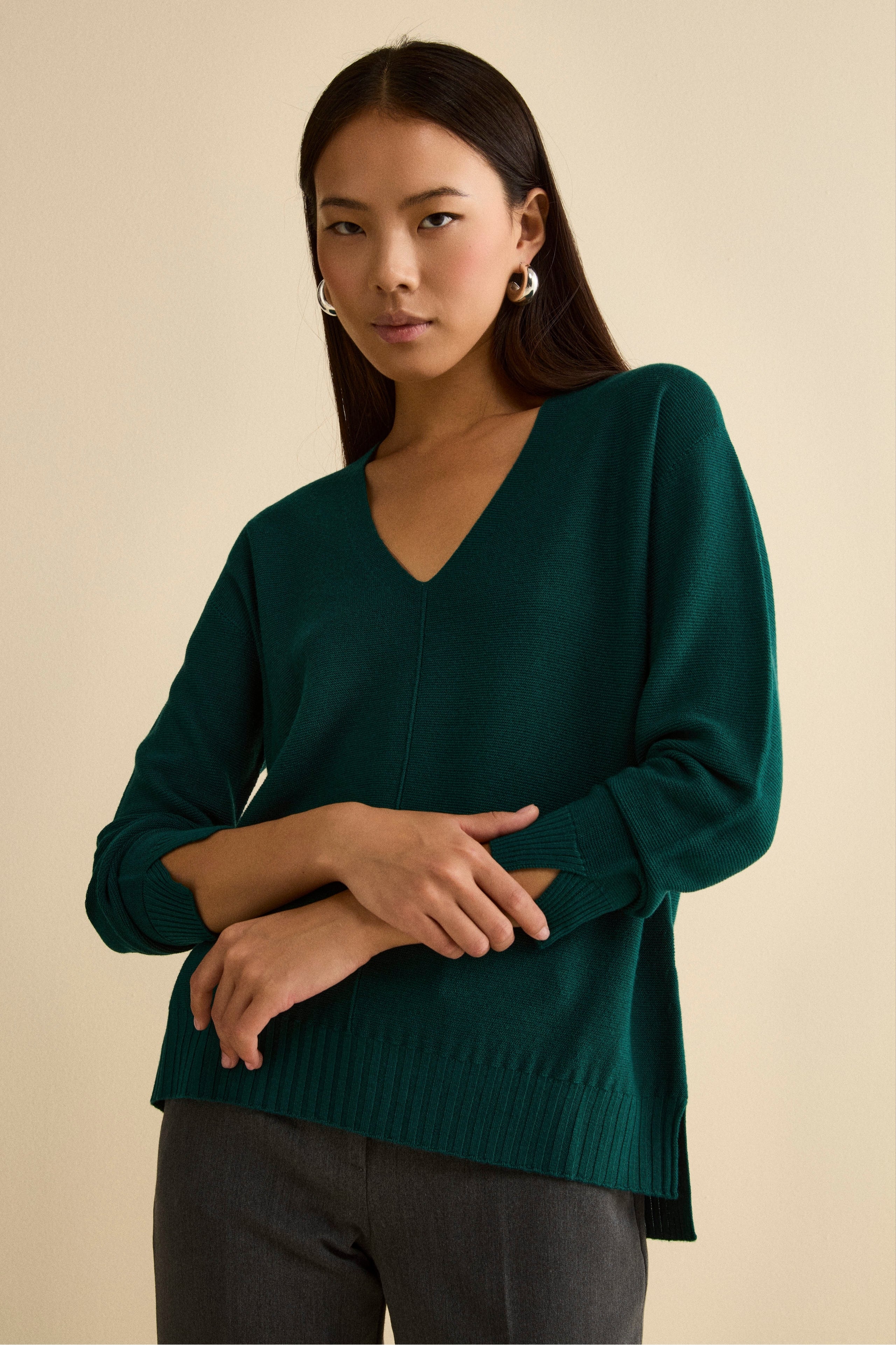 Oversized Merino Wool V-Neck Sweater - GREEN