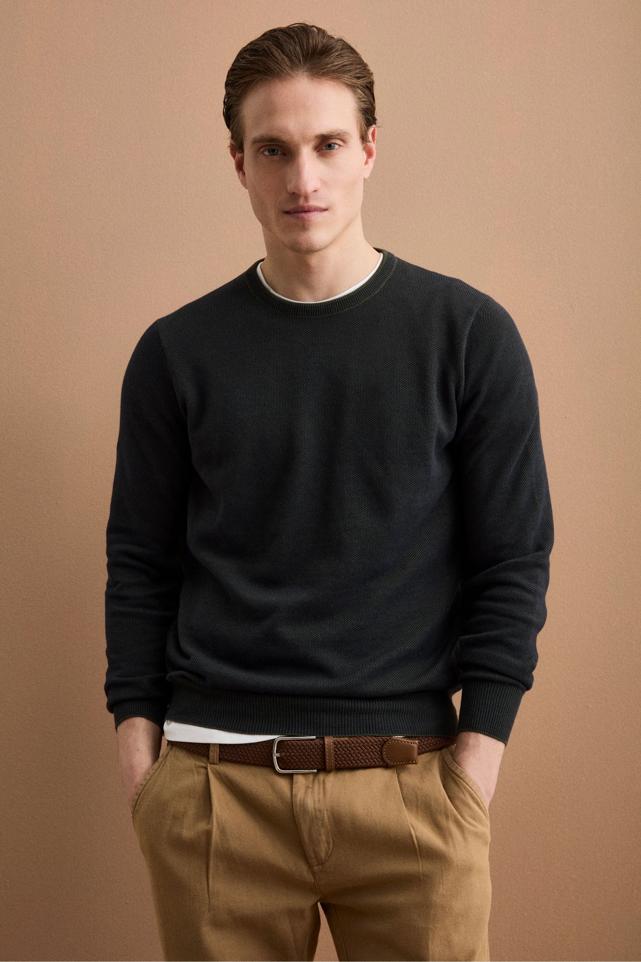 Herren Texturierter Rundhals-Strickpullover aus Baumwolle - Grün-Blau