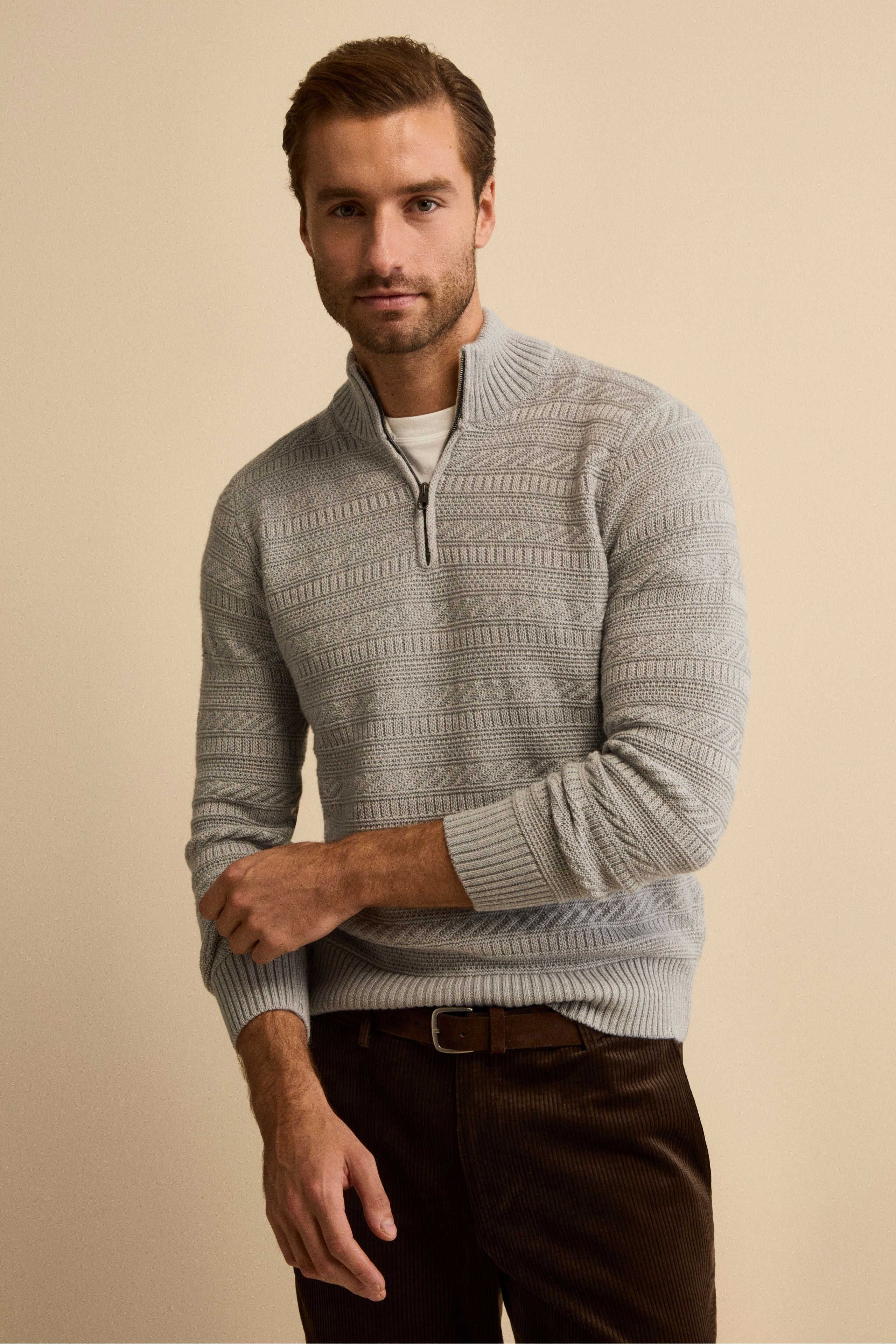 Half-Zip Mock Neck in Virgin Wool - Light grey