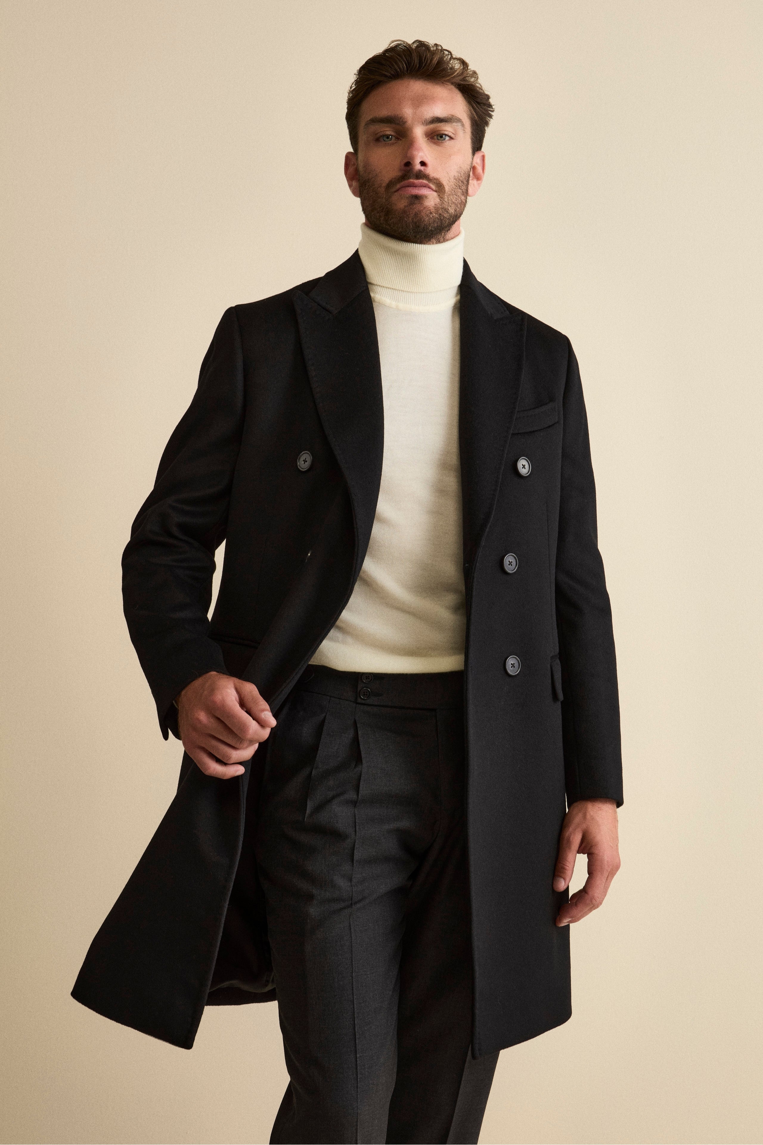 Midi Double-Breasted Coat in Wool and Cashmere Blend with Half-Belt - BLACK