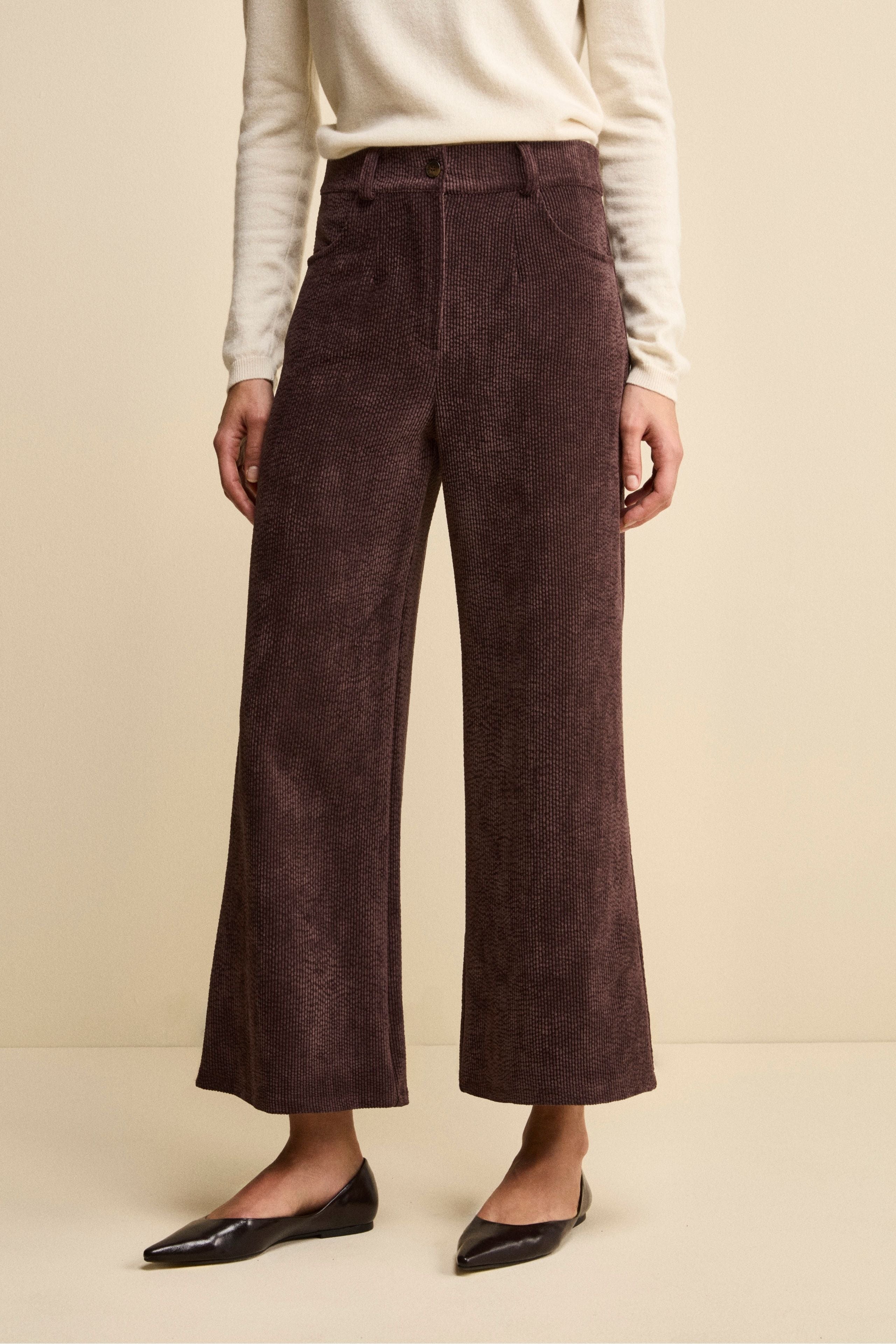 Cropped Wide-Leg Corduroy Trousers - Dark brown