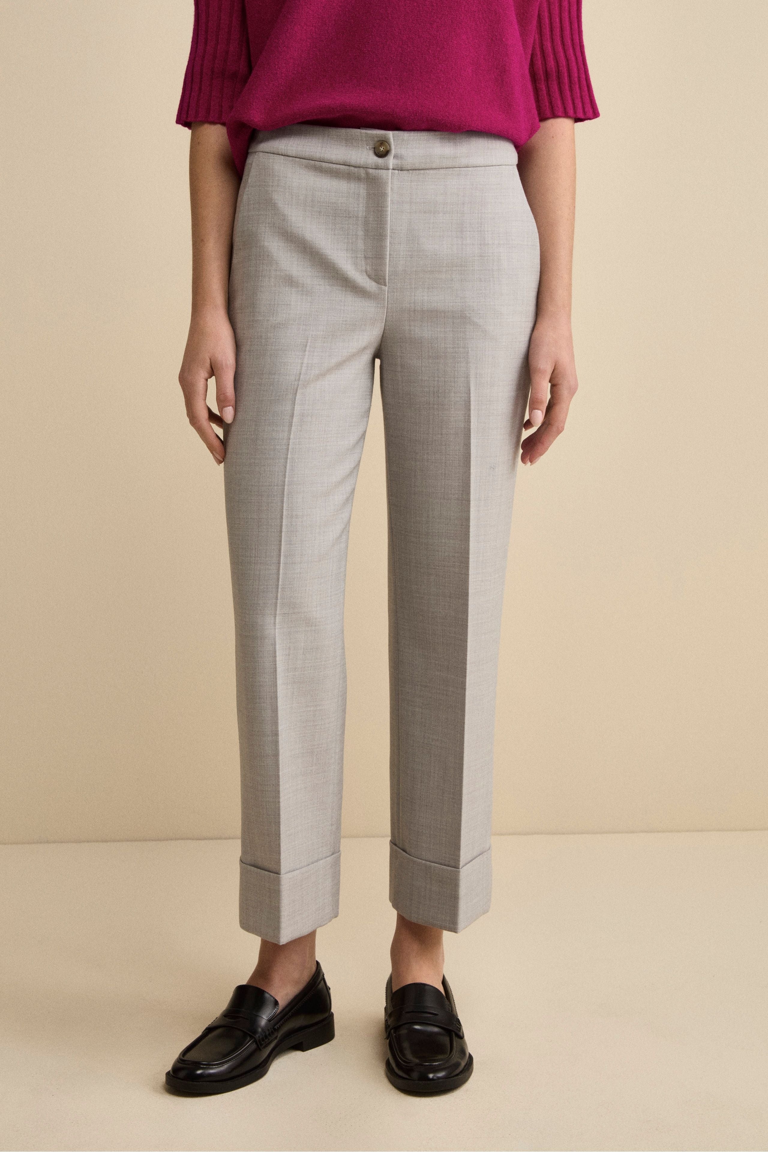 Wide-Leg Cuffed Trousers in Wool Blend - Light grey