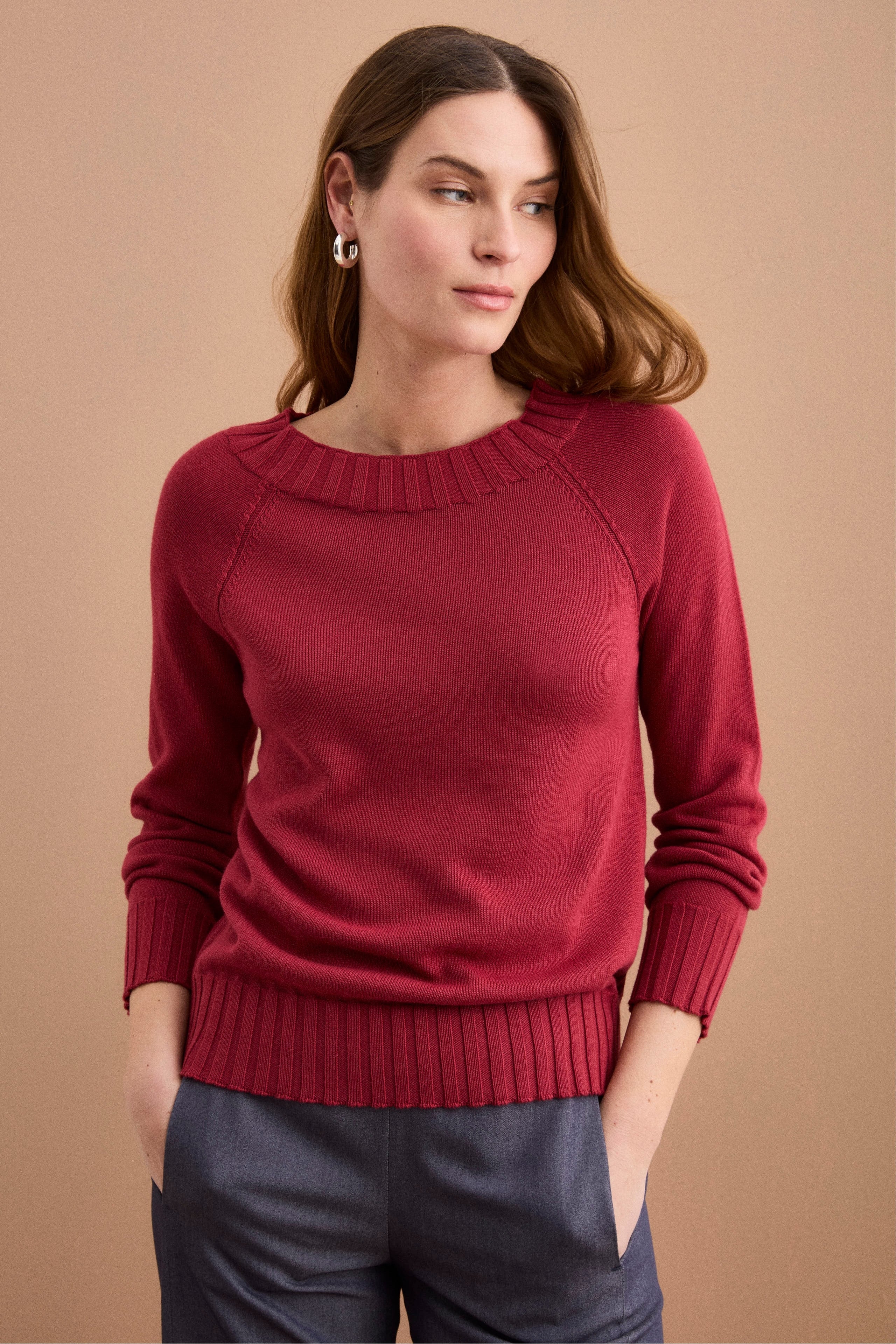 Maglia Barchetta in Cotone con Manica Raglan - BORDEAUX