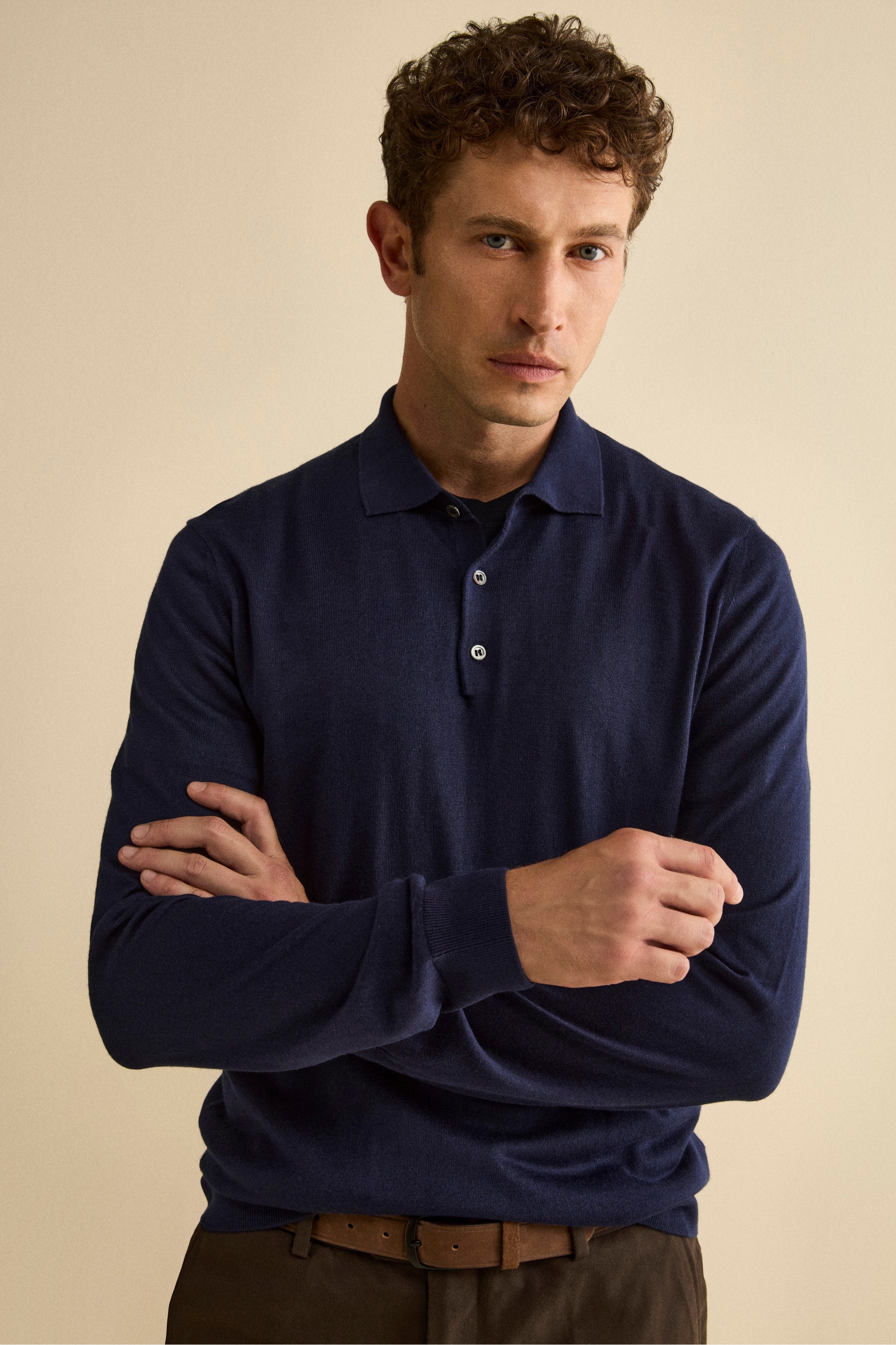 Buttoned Polo Shirt in Silk and Cashmere - MIDNIGHT BLUE