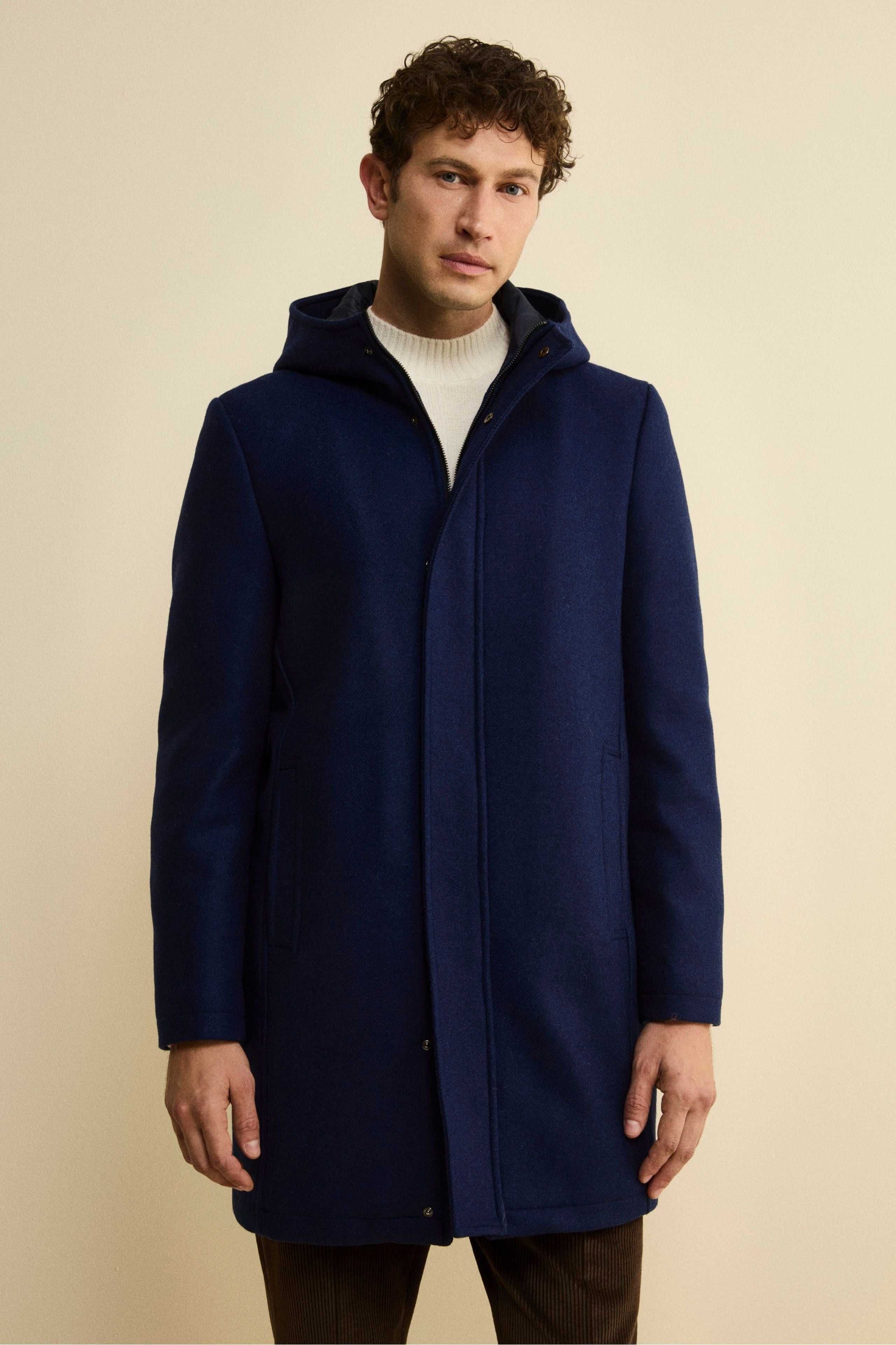 Twill Wool Blend Coat with Zip and Hood - BLUE