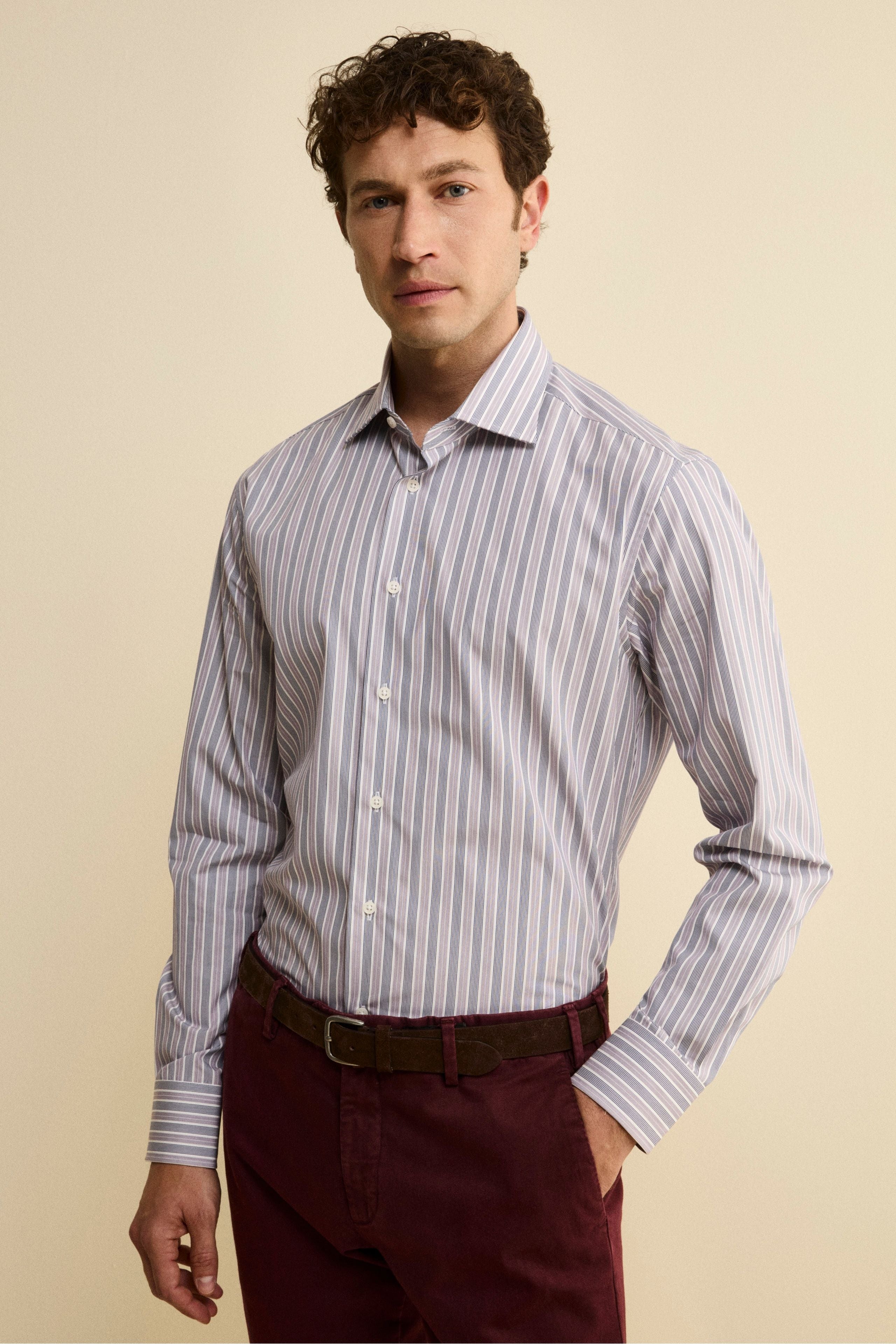 Patterned Custom Fit Cotton Shirt - PURPLE/BLUE STRIPED