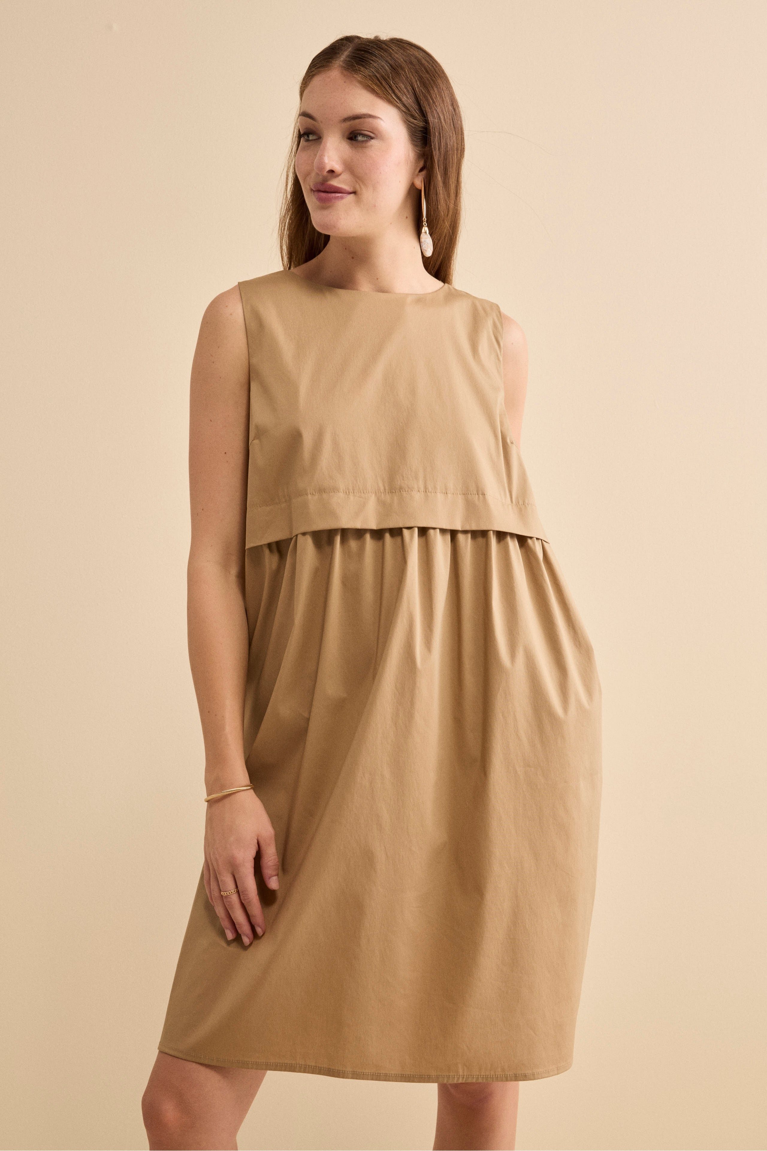 Robe Midi sans Manches en Toile Camel 40