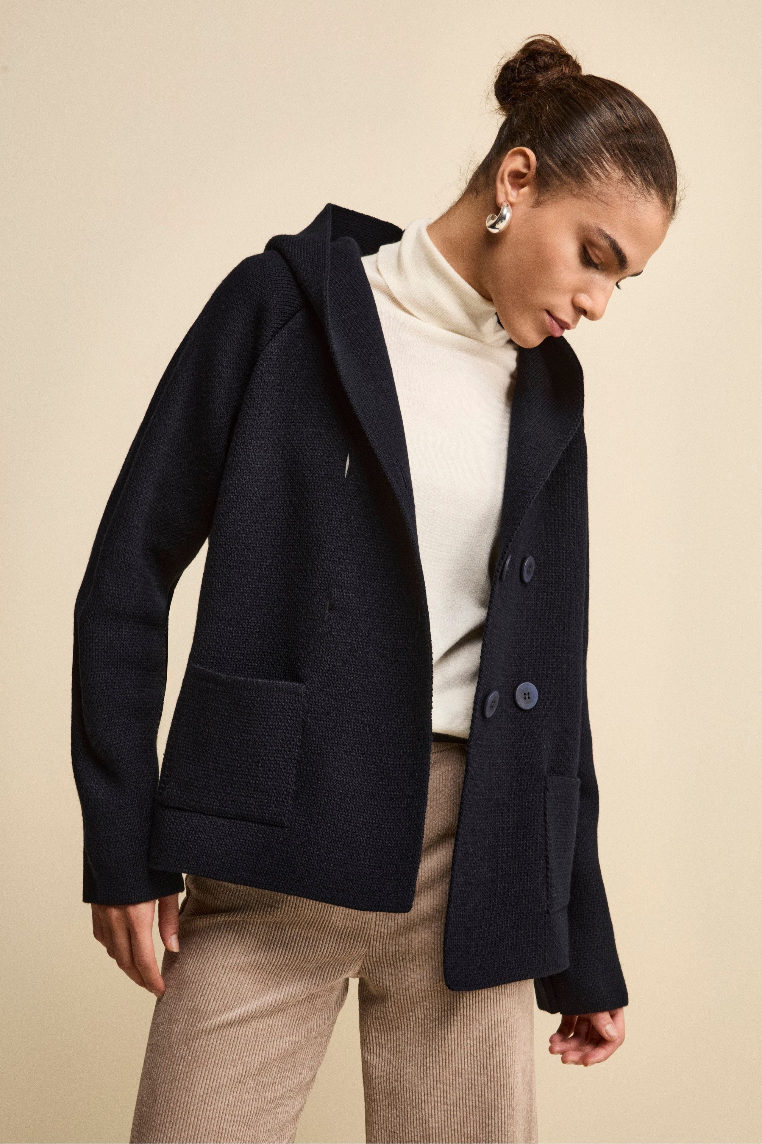 Double-Breasted Knit Cardigan with Hood - BLUE