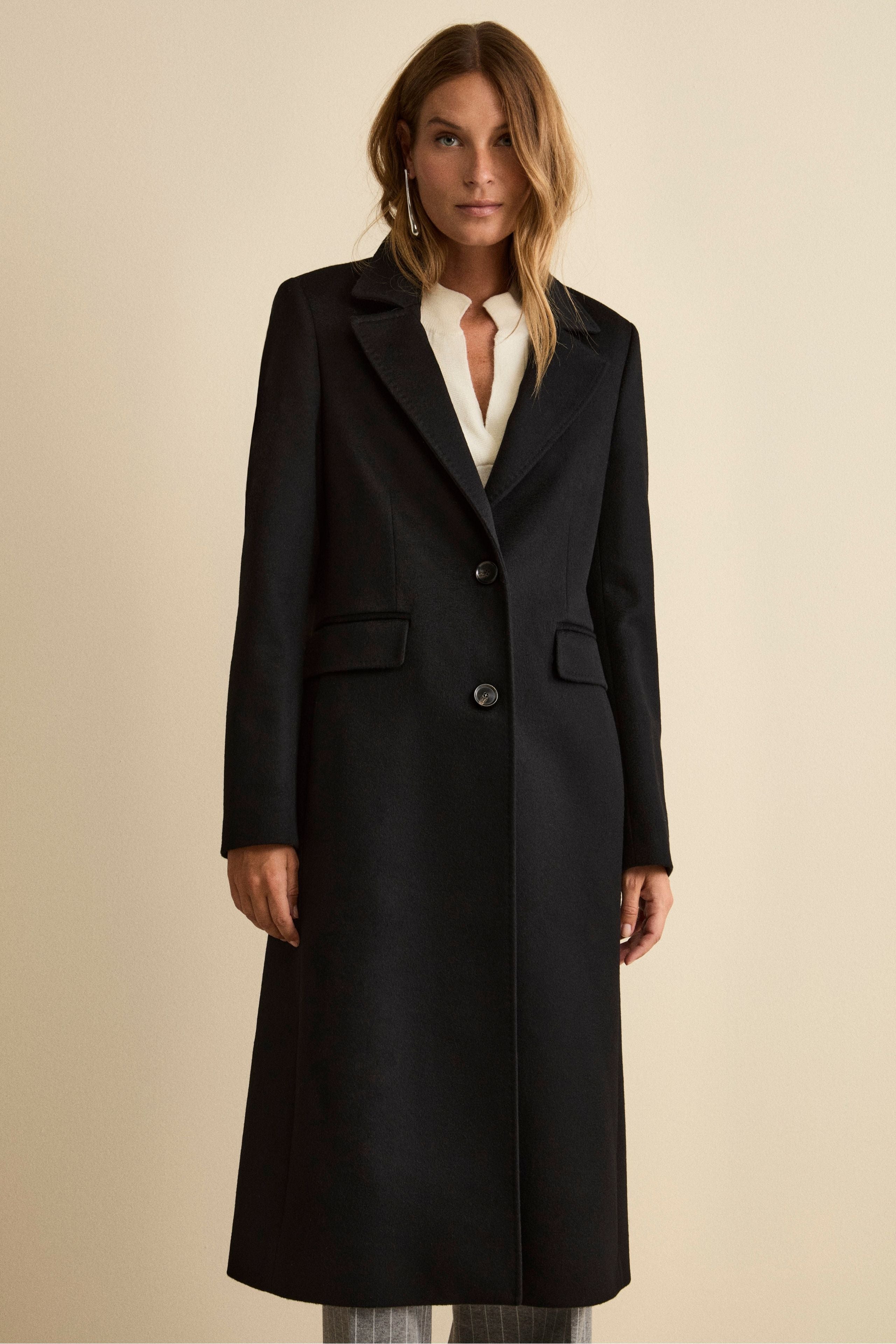 Long Single-Breasted Coat in Virgin Wool - BLACK